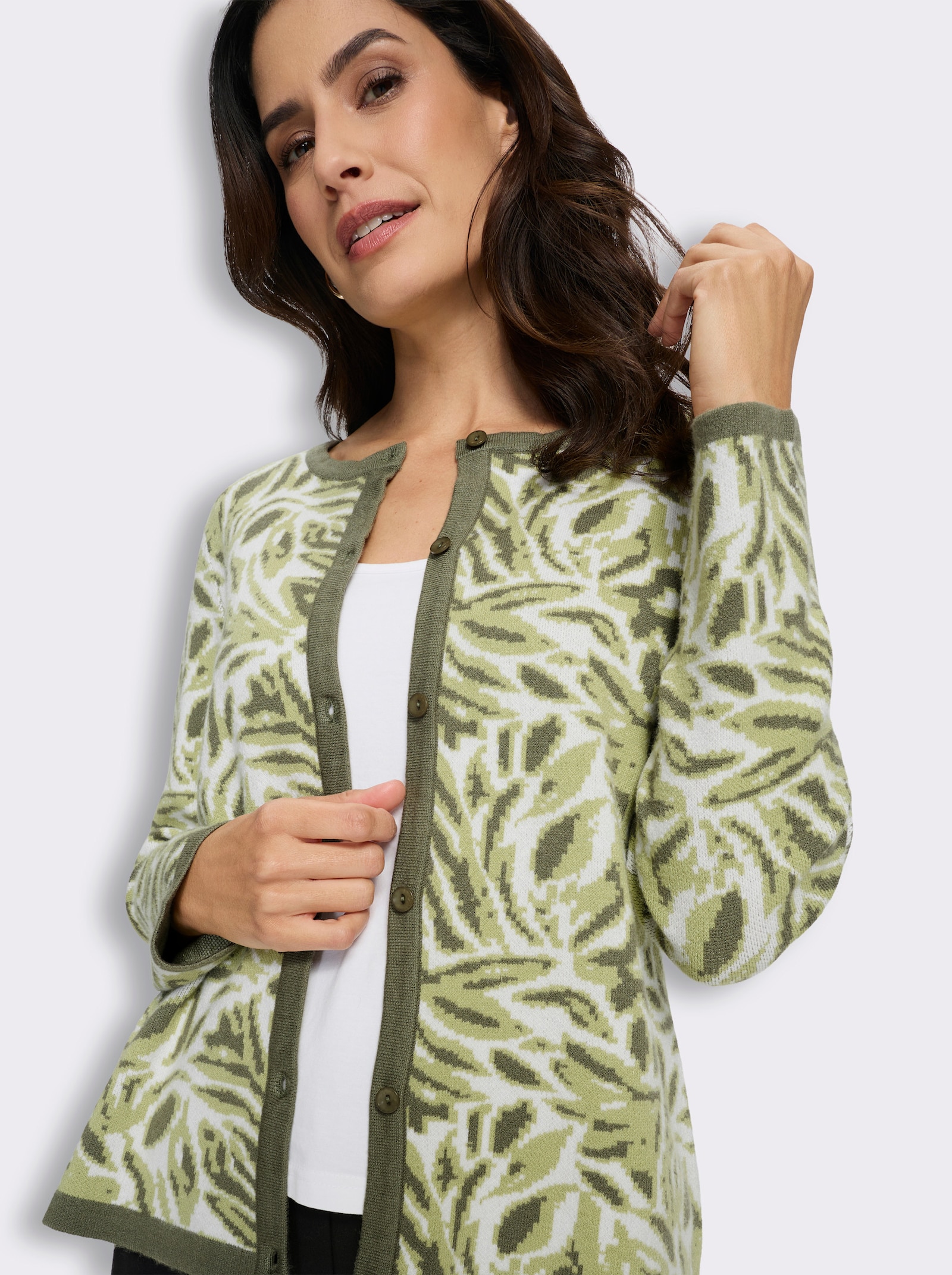 Jacquardstrickjacke mit floralem Allovermuster - khaki-ecru-gemustert
