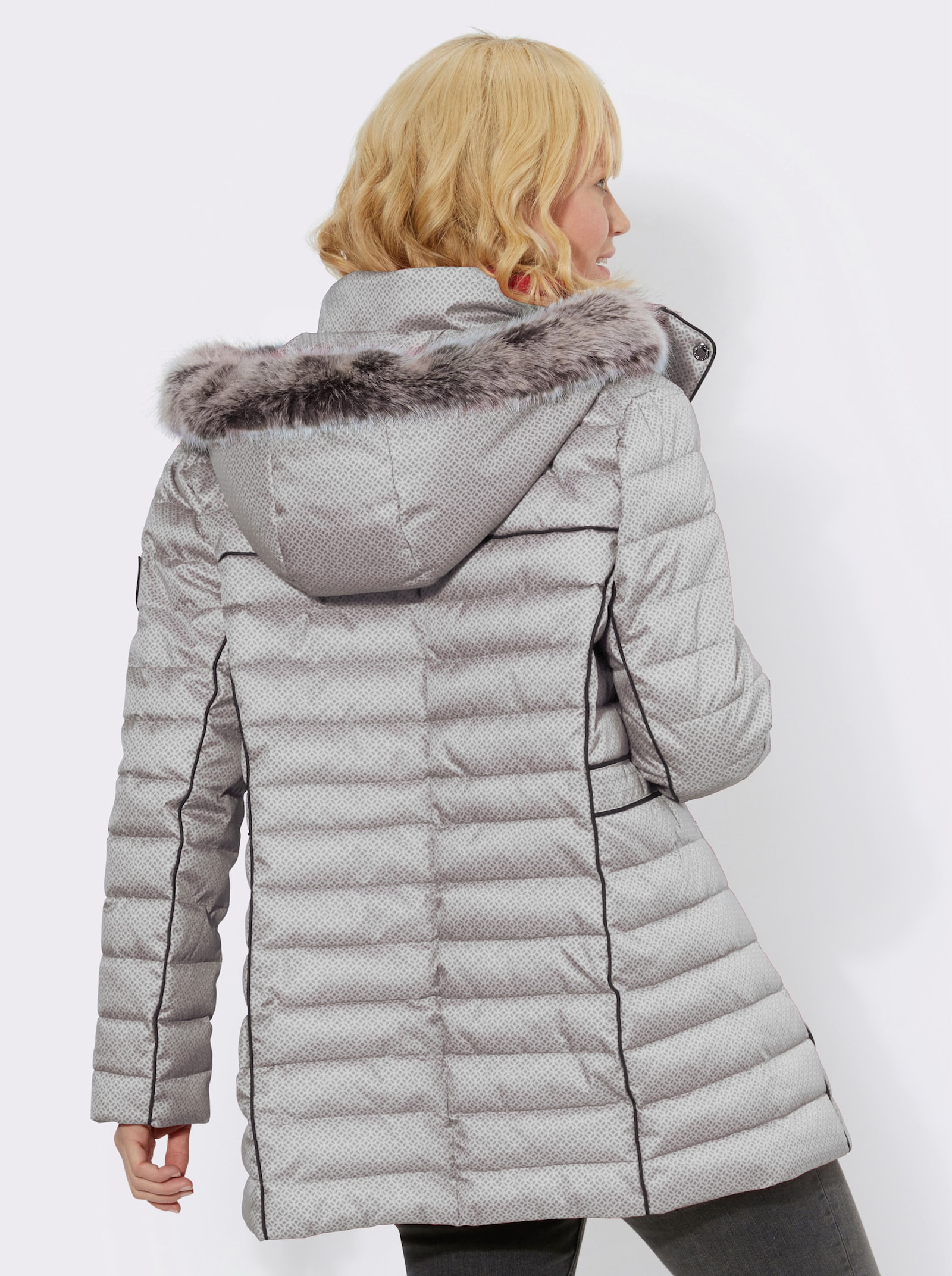 Steppjacke mit abnehmbarem Pelz-Imitat - hellgrau-grau-gemustert
