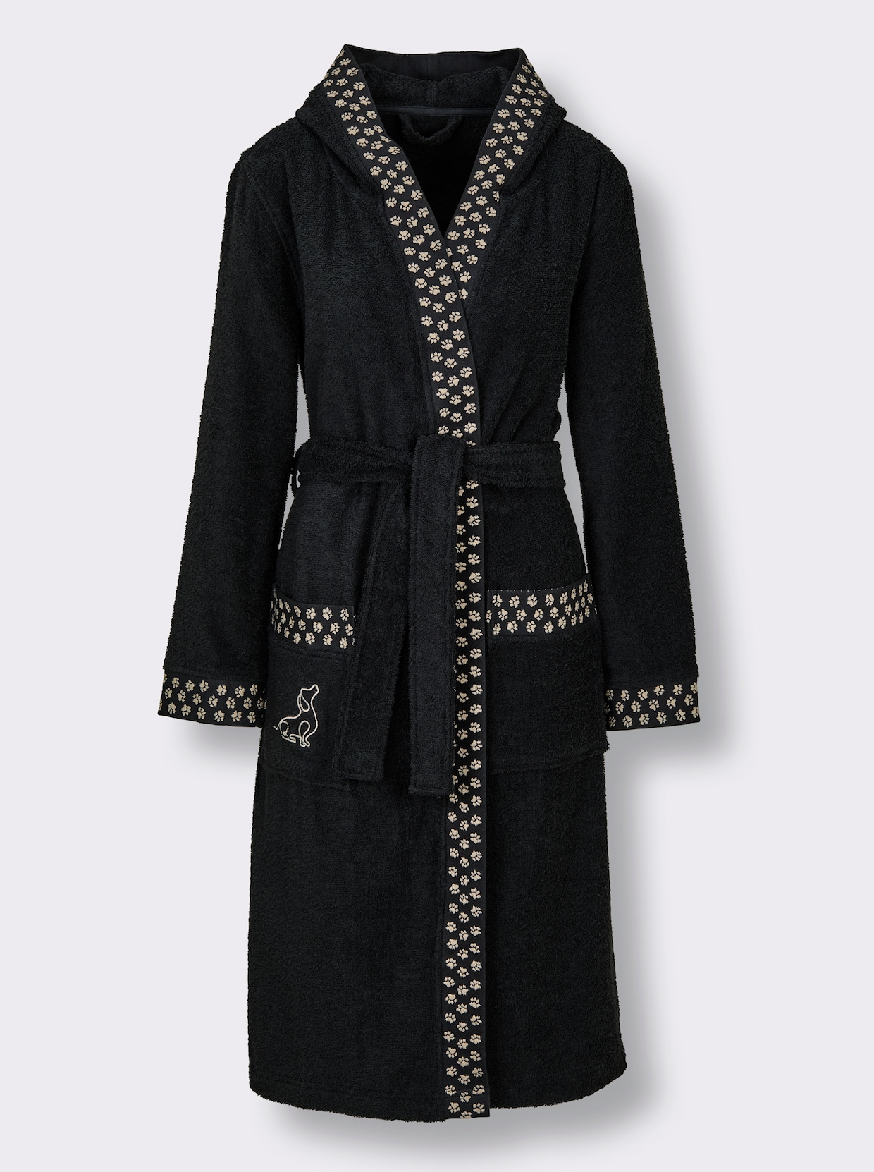 feel good Bademantel mit Pfötchen-Print und Dackel-Stickerei - schwarz-beige