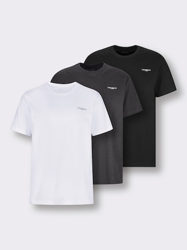 TOM TAILOR Rundhalsshirt mit Logo-Print - schwarz + weiß + anthrazit-meliert