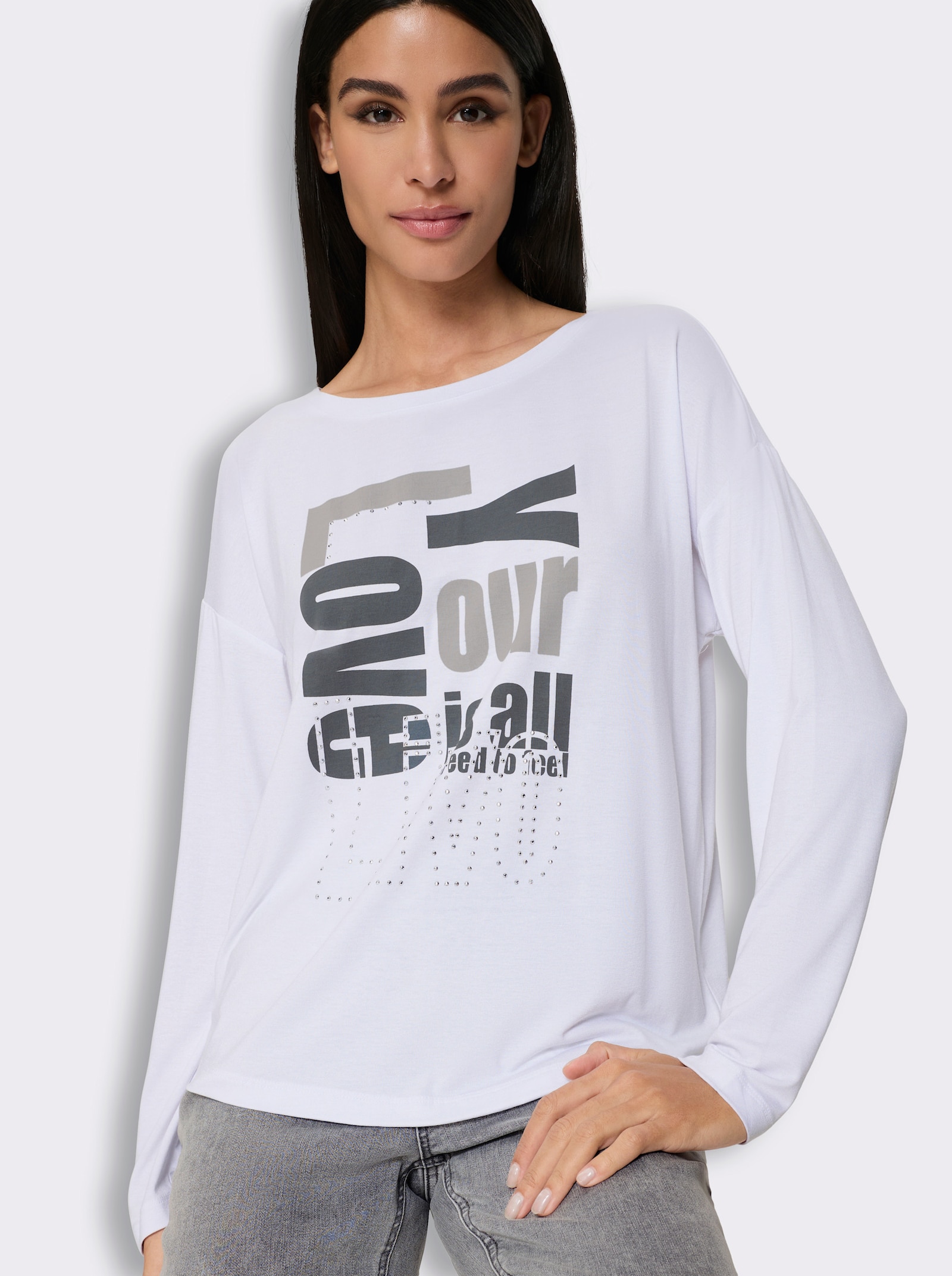 heine Rundhalsshirt mit Glitzersteinchen - weiß