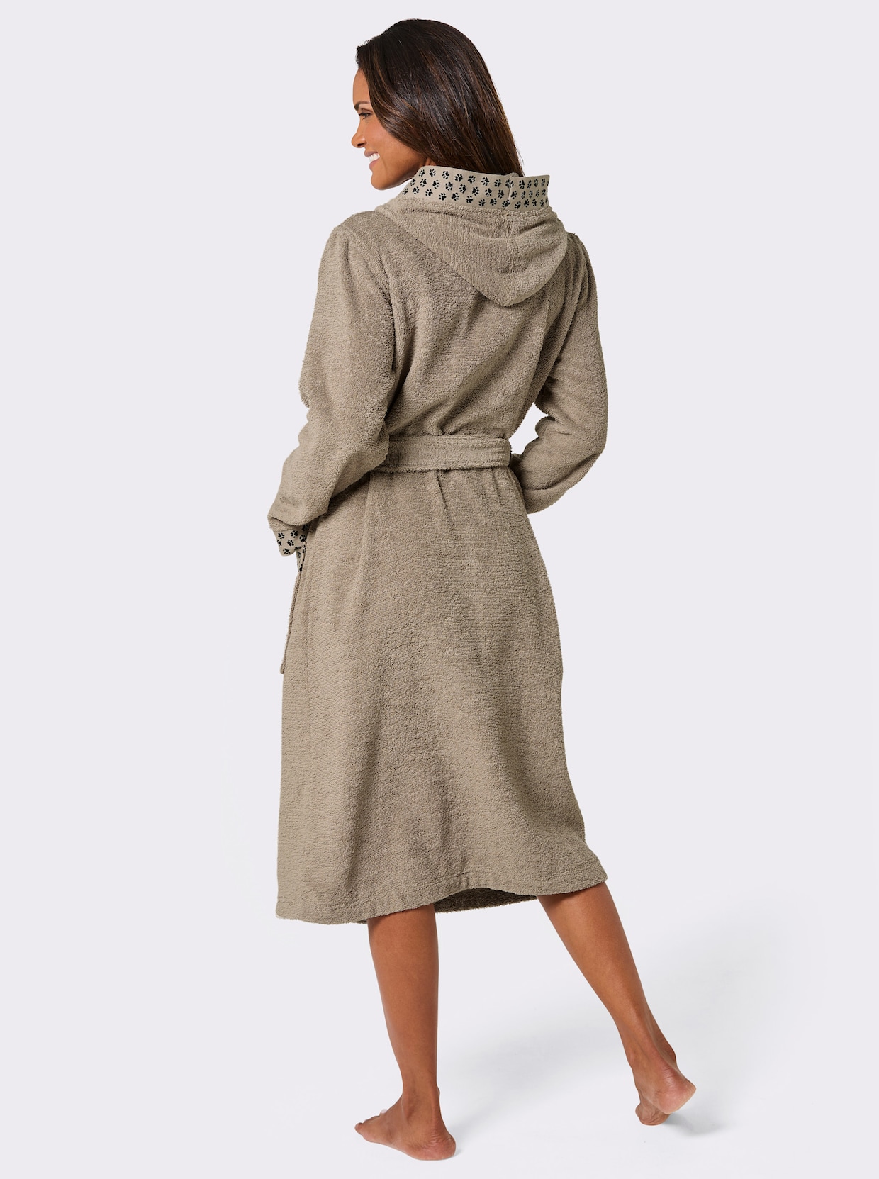 feel good Bademantel mit Pfötchen-Print und Dackel-Stickerei - beige-schwarz