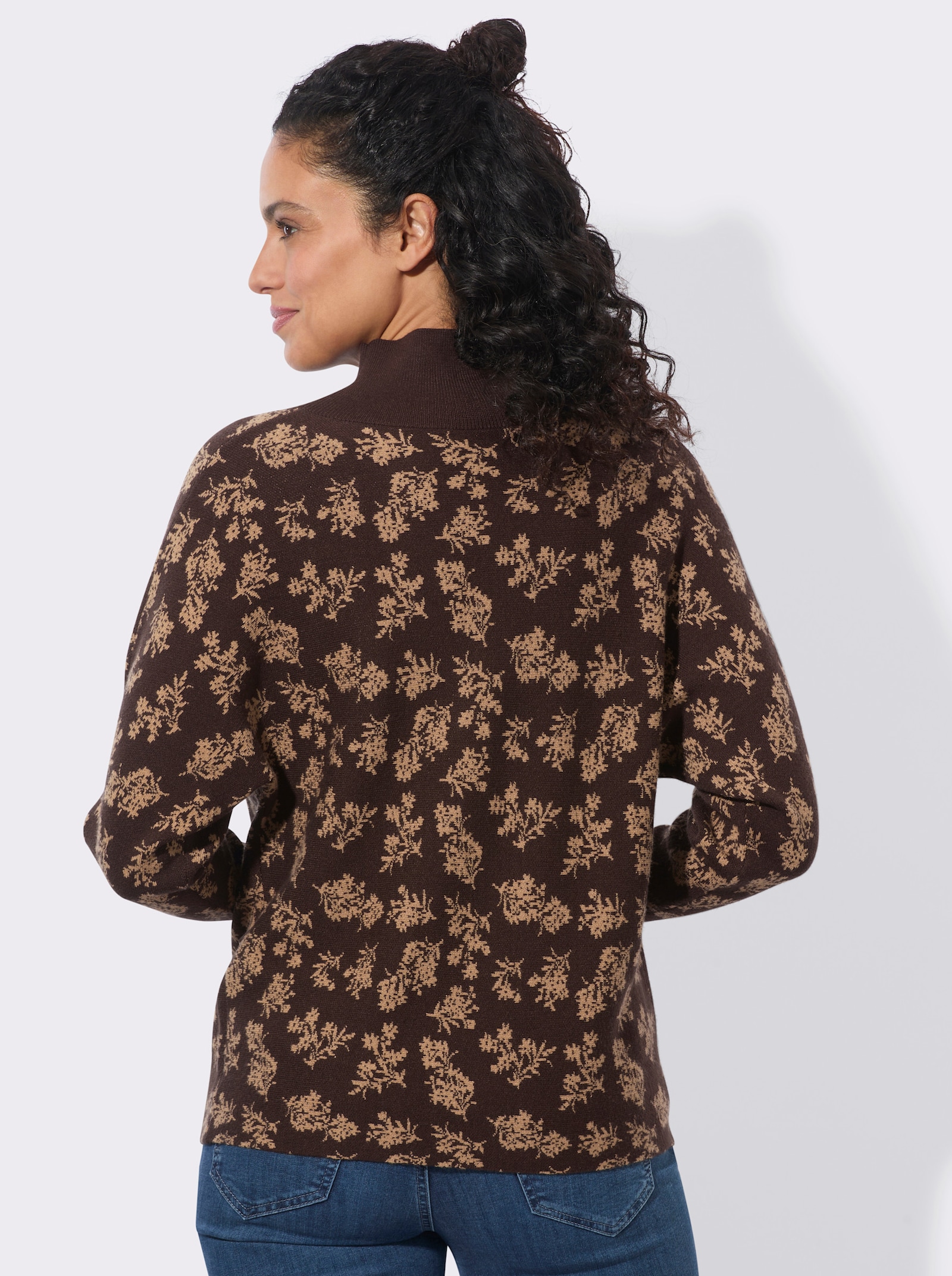 Stehkragenpullover mit floralem Print - schoko-camel-gemustert