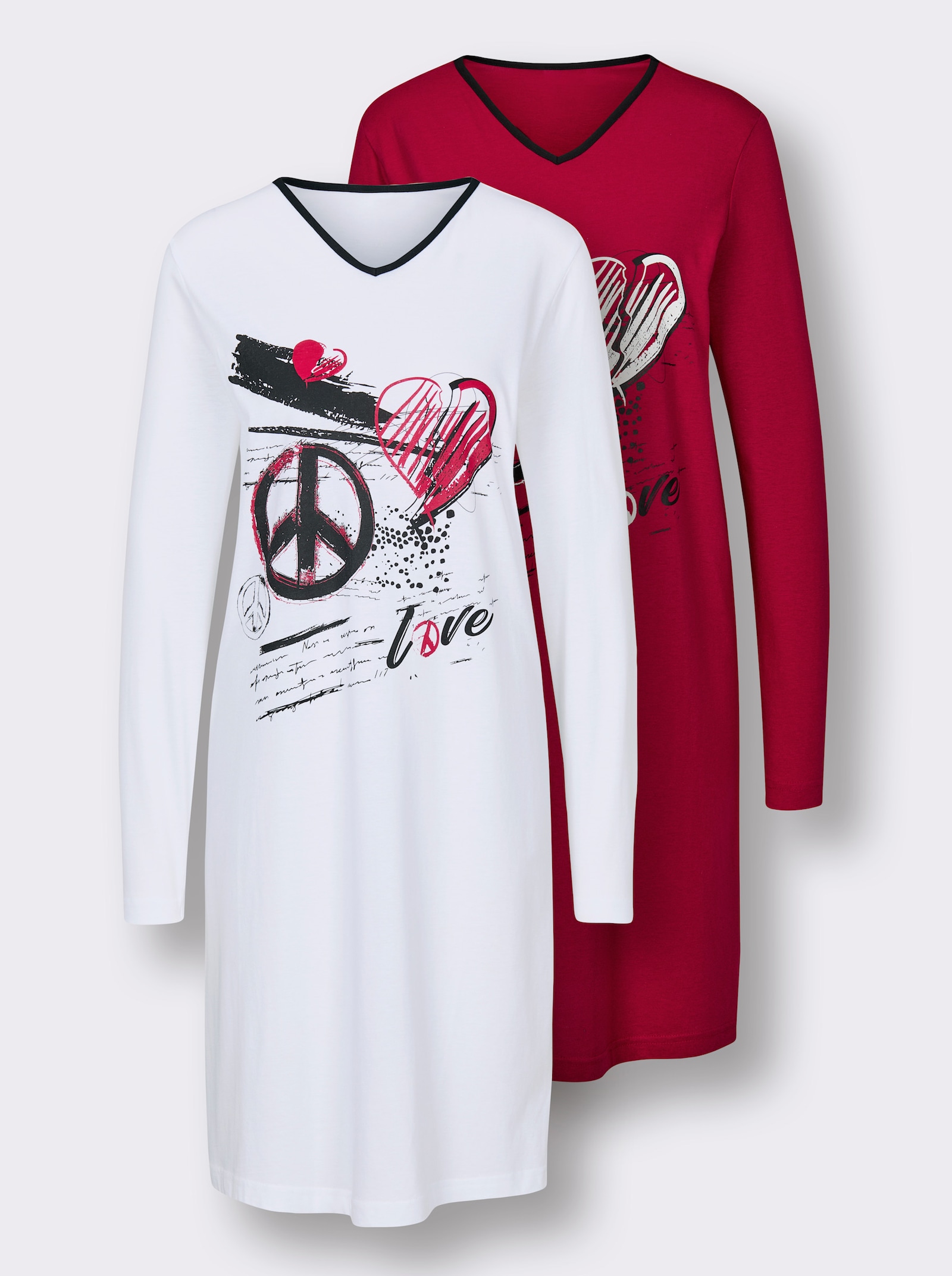 wäschepur Sleepshirts - rot-bedruckt + weiß-bedruckt