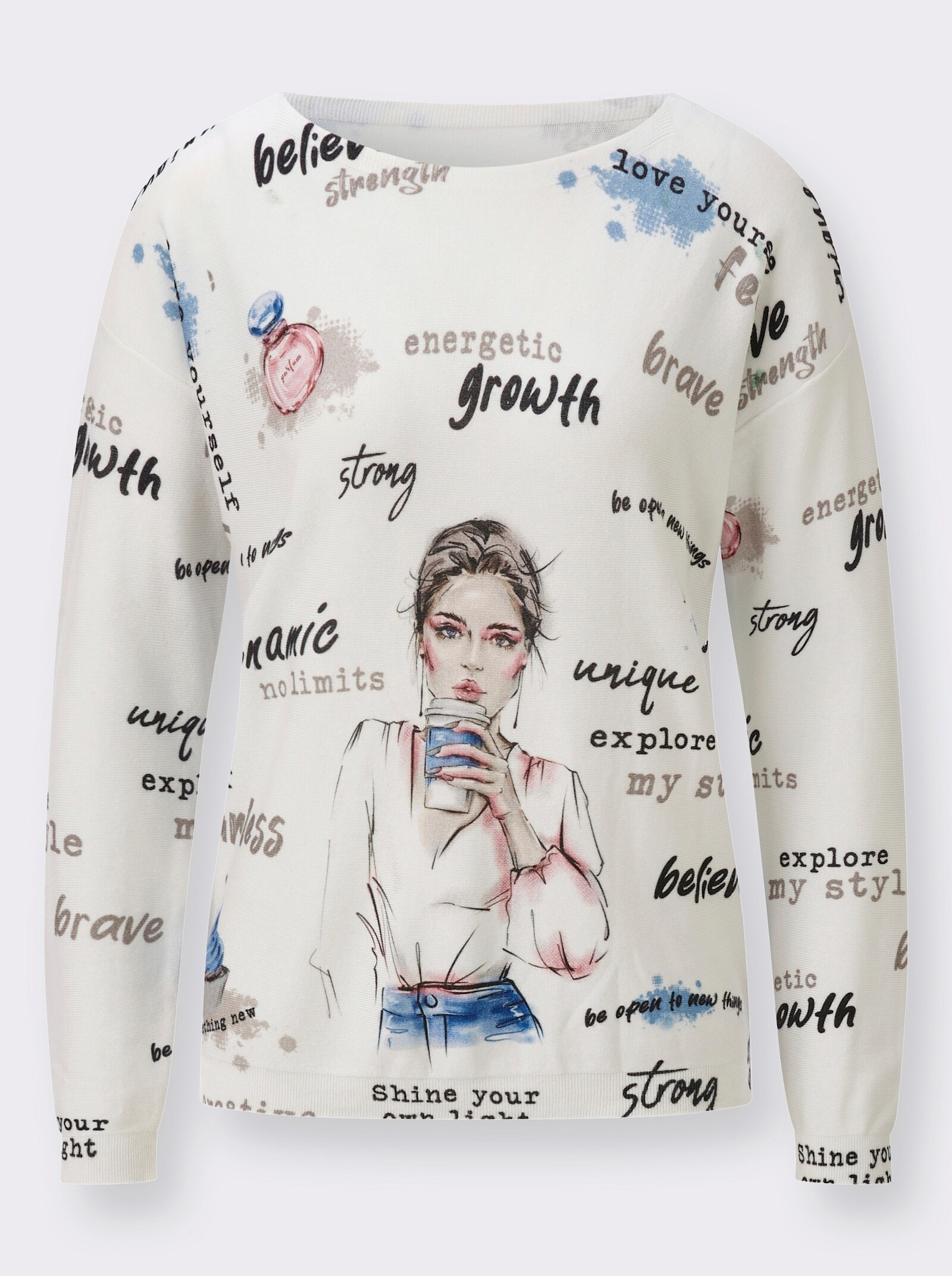 Pullover mit Lettering-Print allover - weiß-himmelblau-bedruckt