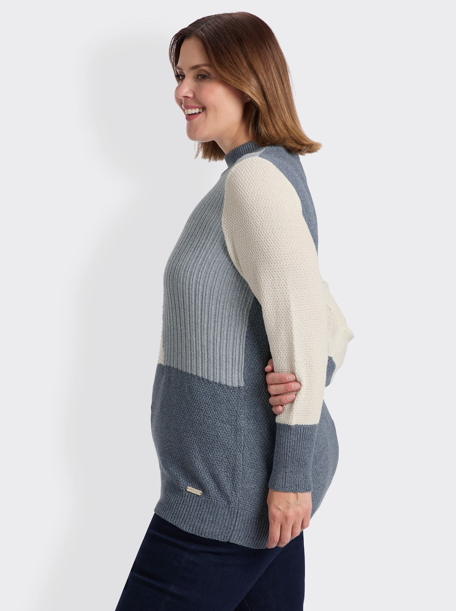 Langarm-Pullover mit Color-Blocking-Muster - rauchblau-ecru-meliert