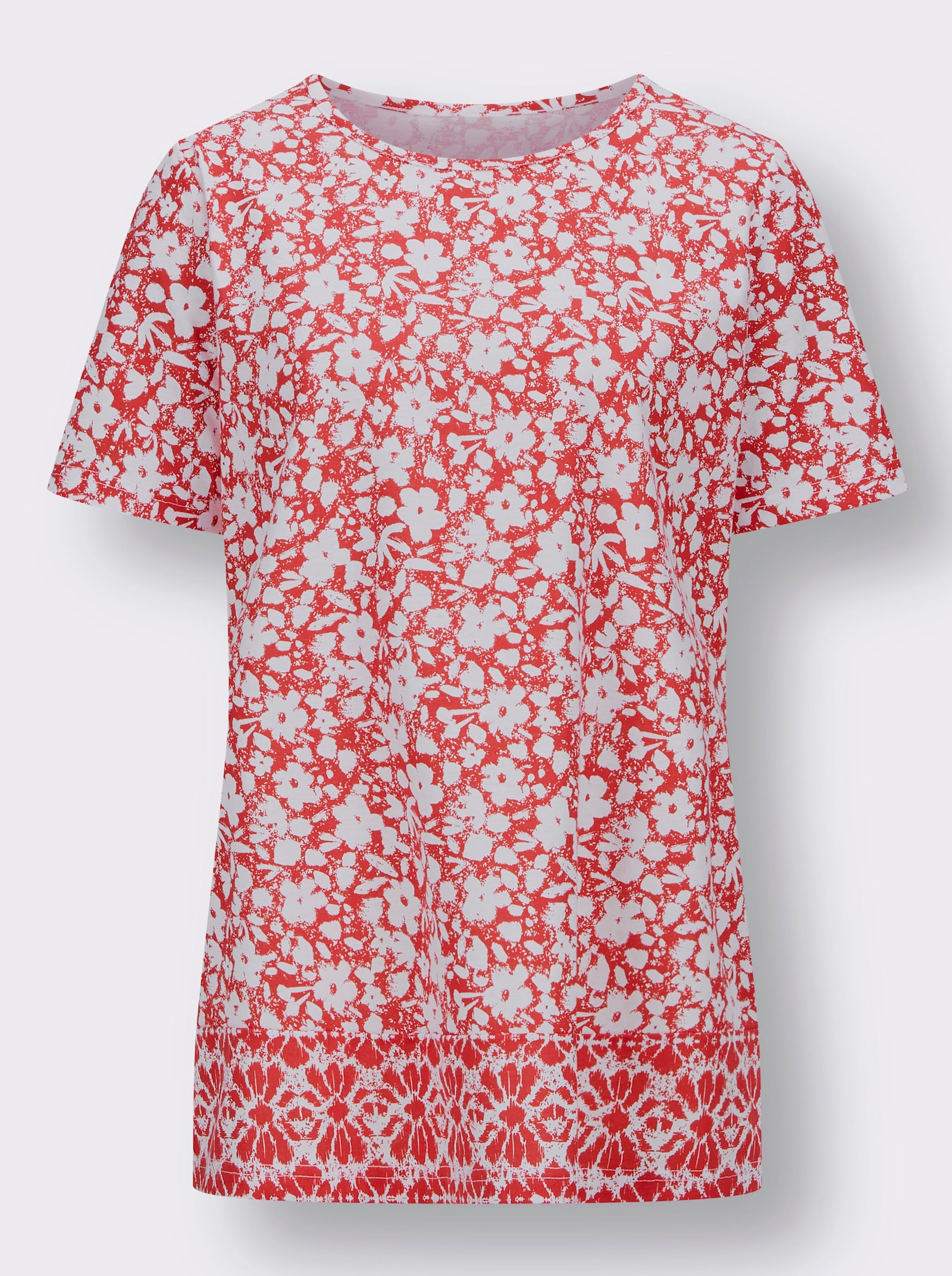 Longshirt mit Blumen- und Bordüren-Druck - rot-weiss-bedruckt