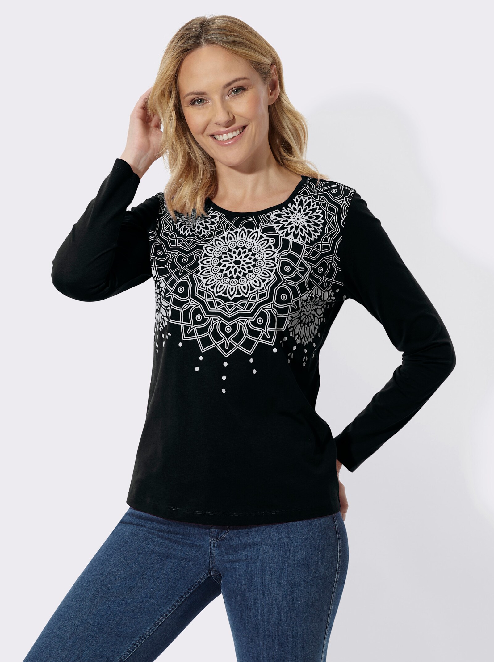 Langarmshirt mit Ornament-Druck - schwarz-ecru-bedruckt