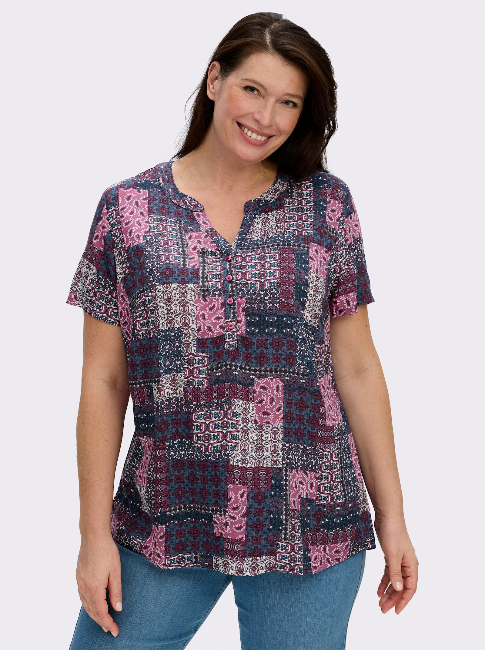 Kurzarmbluse mit Patchwork-Druck - erika-jeansblau-bedruckt