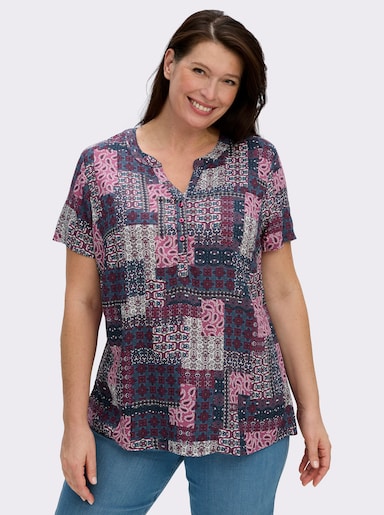 Kurzarmbluse mit Patchwork-Druck - erika-jeansblau-bedruckt