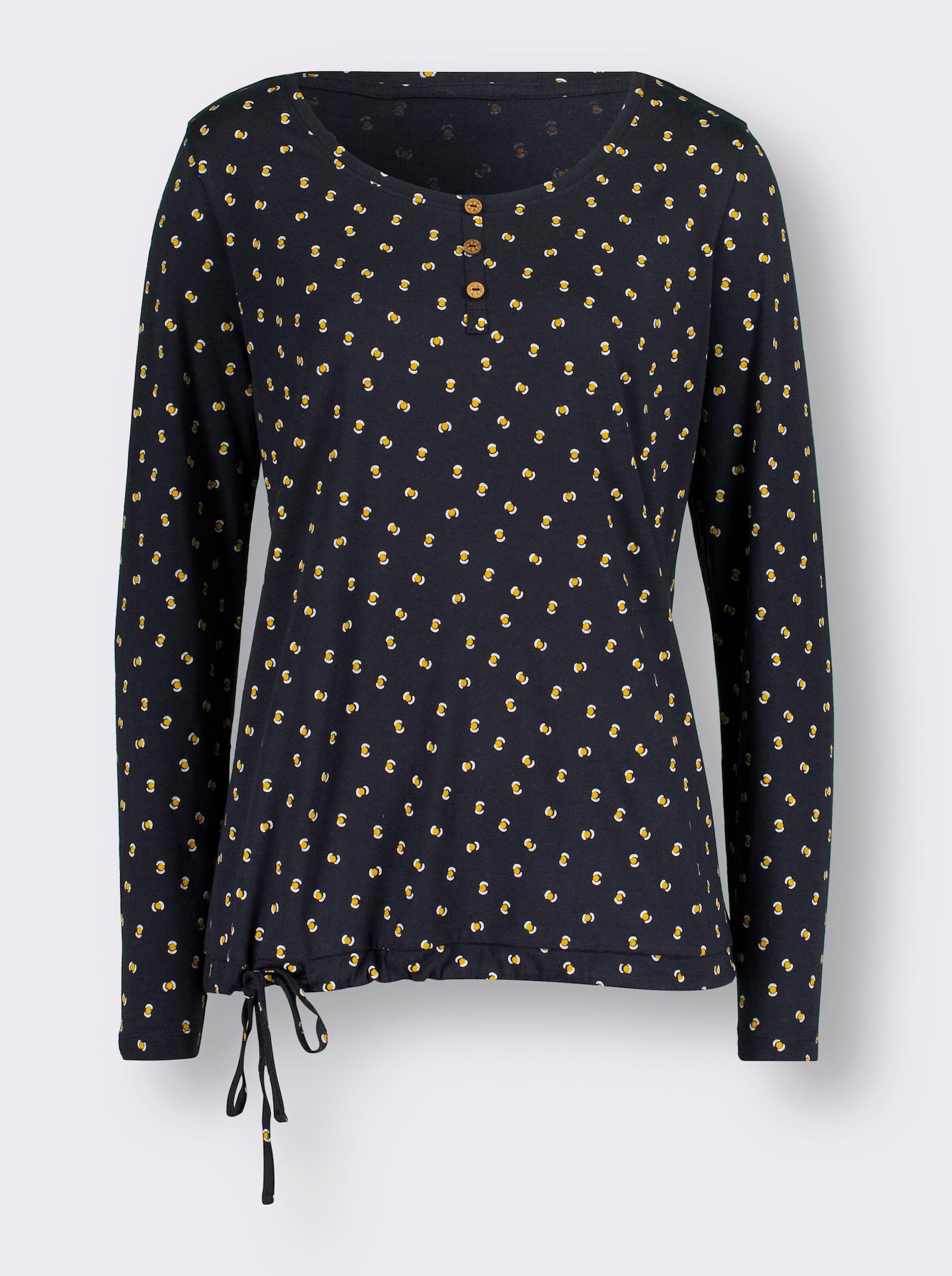 Langarmshirt mit Bindeband - marine-ocker-bedruckt