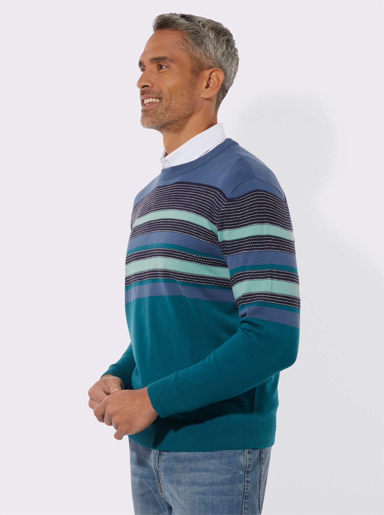 Rundhalspullover - jeansblau-petrol-geringelt