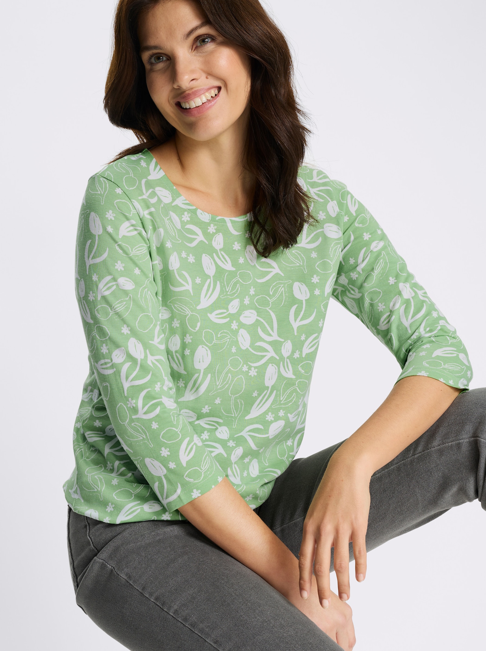 Shirt met 3/4-mouwen met bloemenprint, katoen - reseda/wit bedrukt