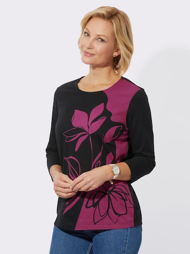 Rundhalsshirt mit Blumen-Dessin - schwarz-erika-bedruckt