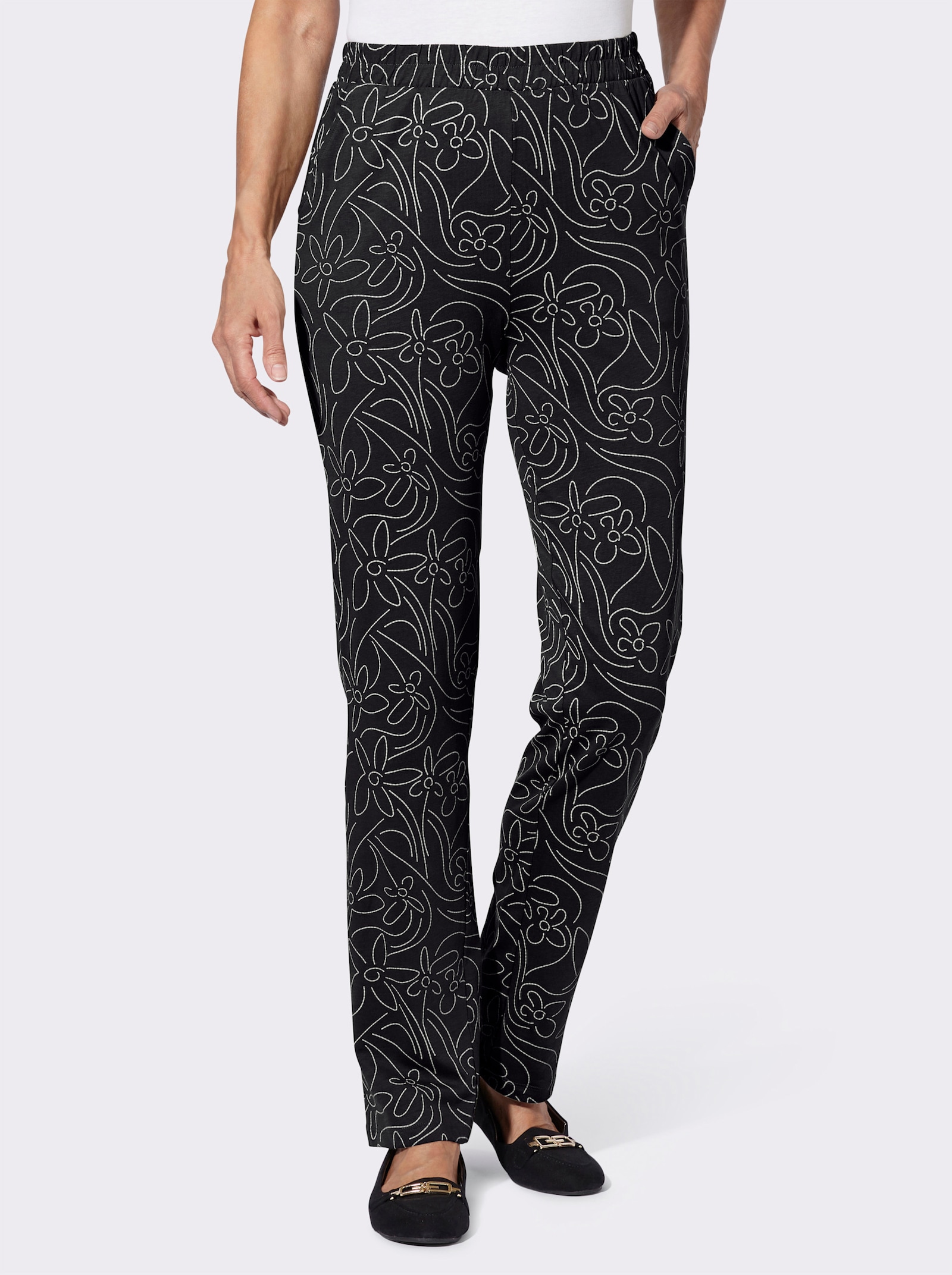 Freizeithose mit Blumen-Druck - schwarz-sand-bedruckt