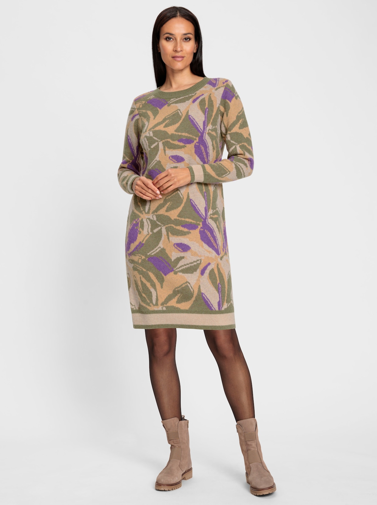 heine Tricotjurk - beige/kaki gedessineerd