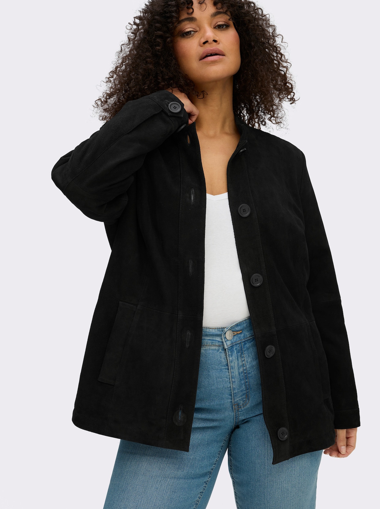 sheego Lederjacke aus Ziegenvelours - schwarz