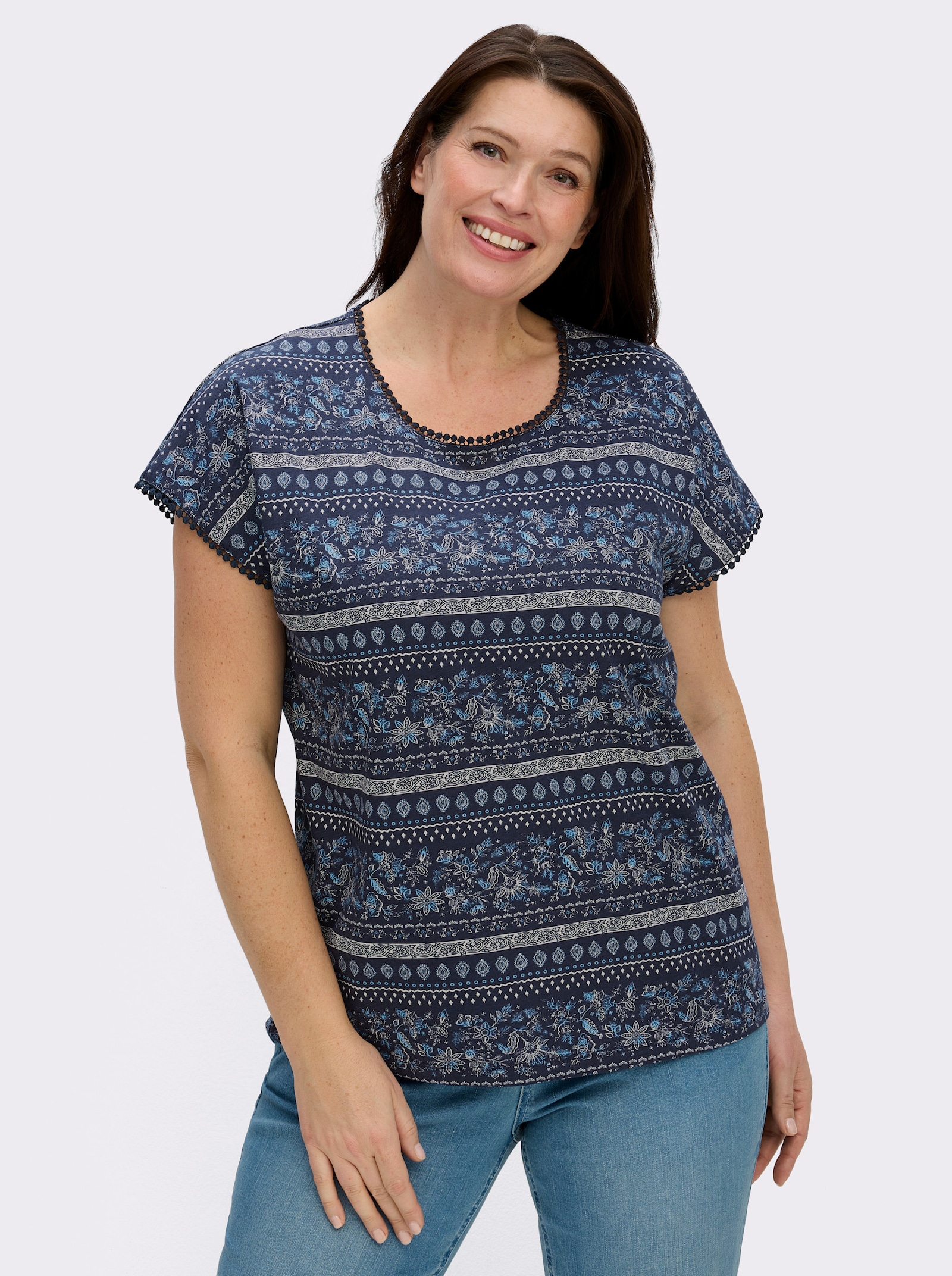  Print-Shirt mit Spitzenborte - marine-ecru-bedruckt