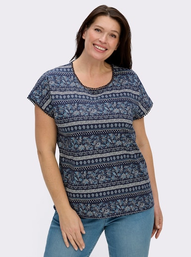 Print-Shirt mit Spitzenborte - marine-ecru-bedruckt