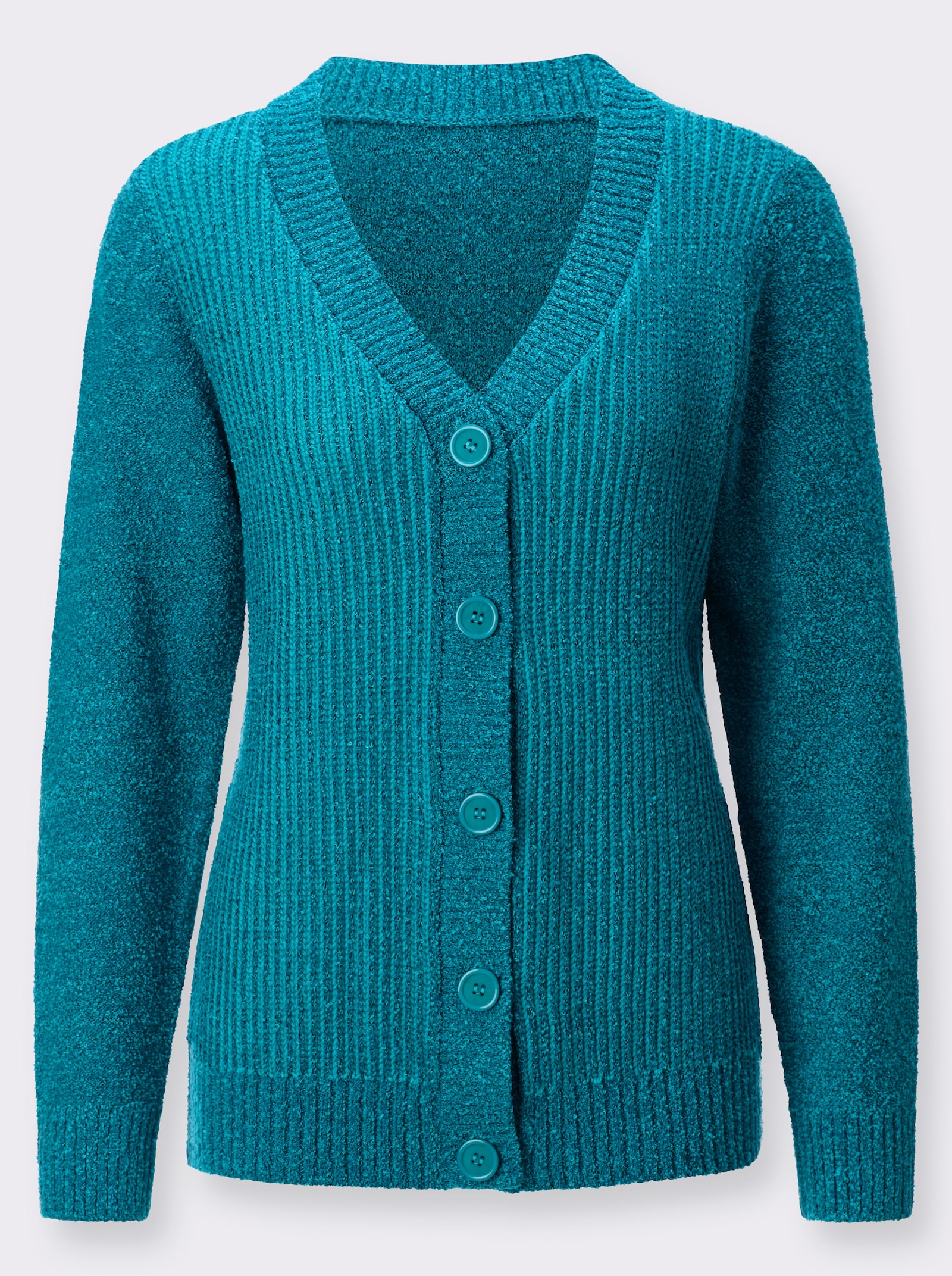 Strickjacke in streckender Ripp-Optik - aquapetrol-türkis-meliert