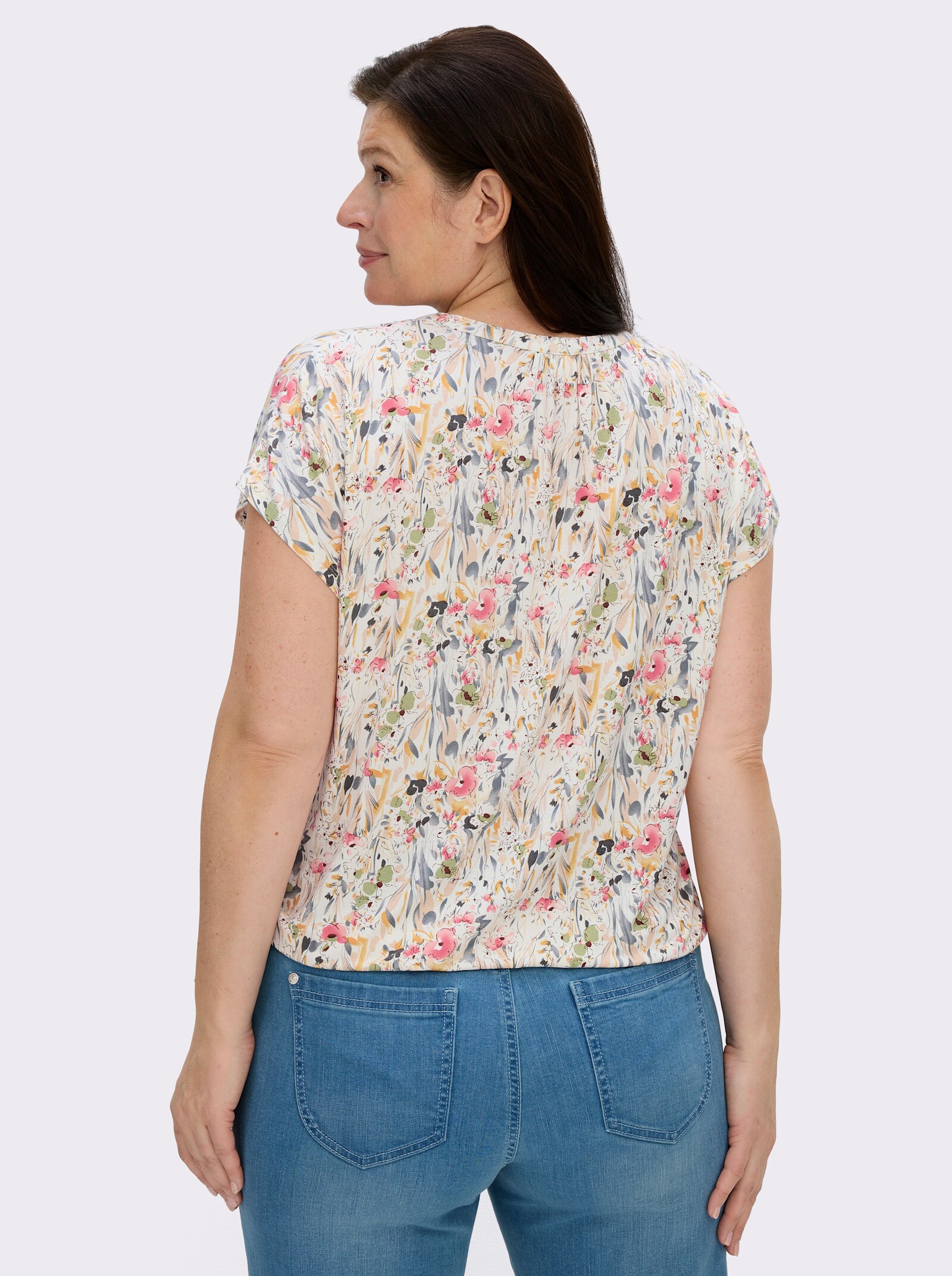 Print-Shirt mit kleinem V und Raffung am Ausschnitt - ecru-bedruckt
