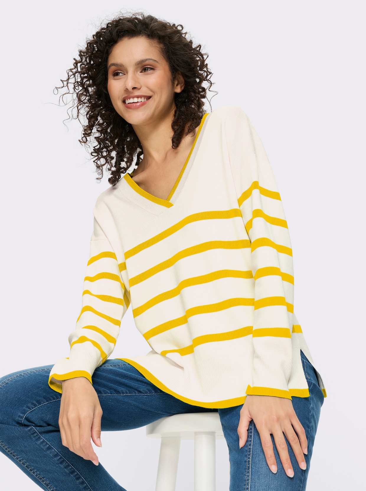 heine Pull à rayures avec encolure en V - jaune soleil-écru à rayures fines
