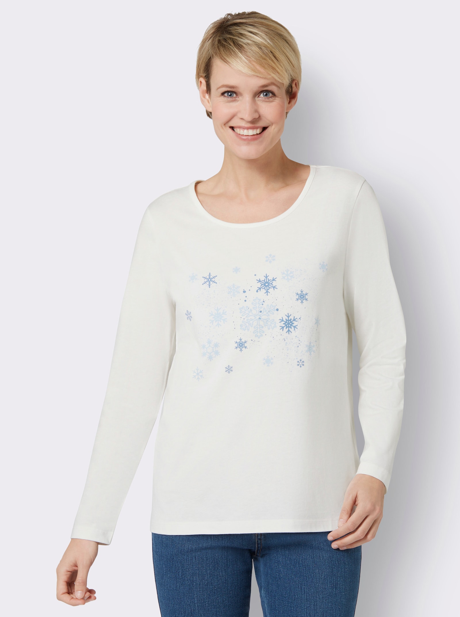 Langarmshirt mit Schneeflocken-Druck - ecru-eisblau