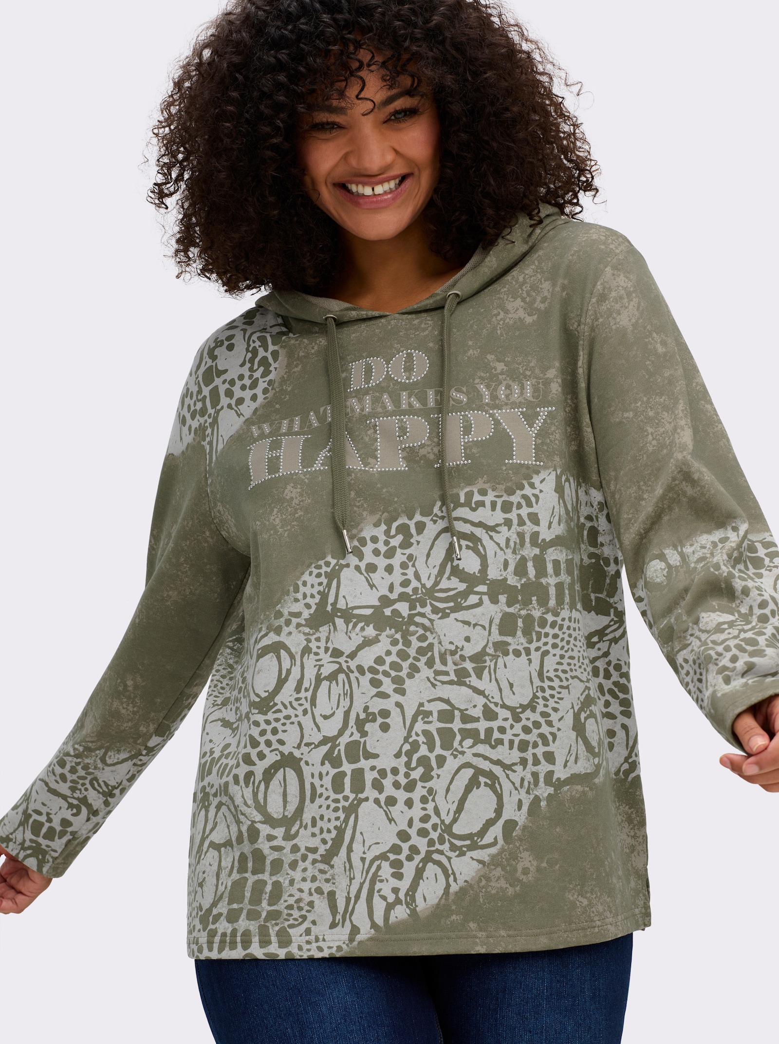 Sweatshirt mit Print und Glitzersteinchen - khaki-ecru-bedruckt
