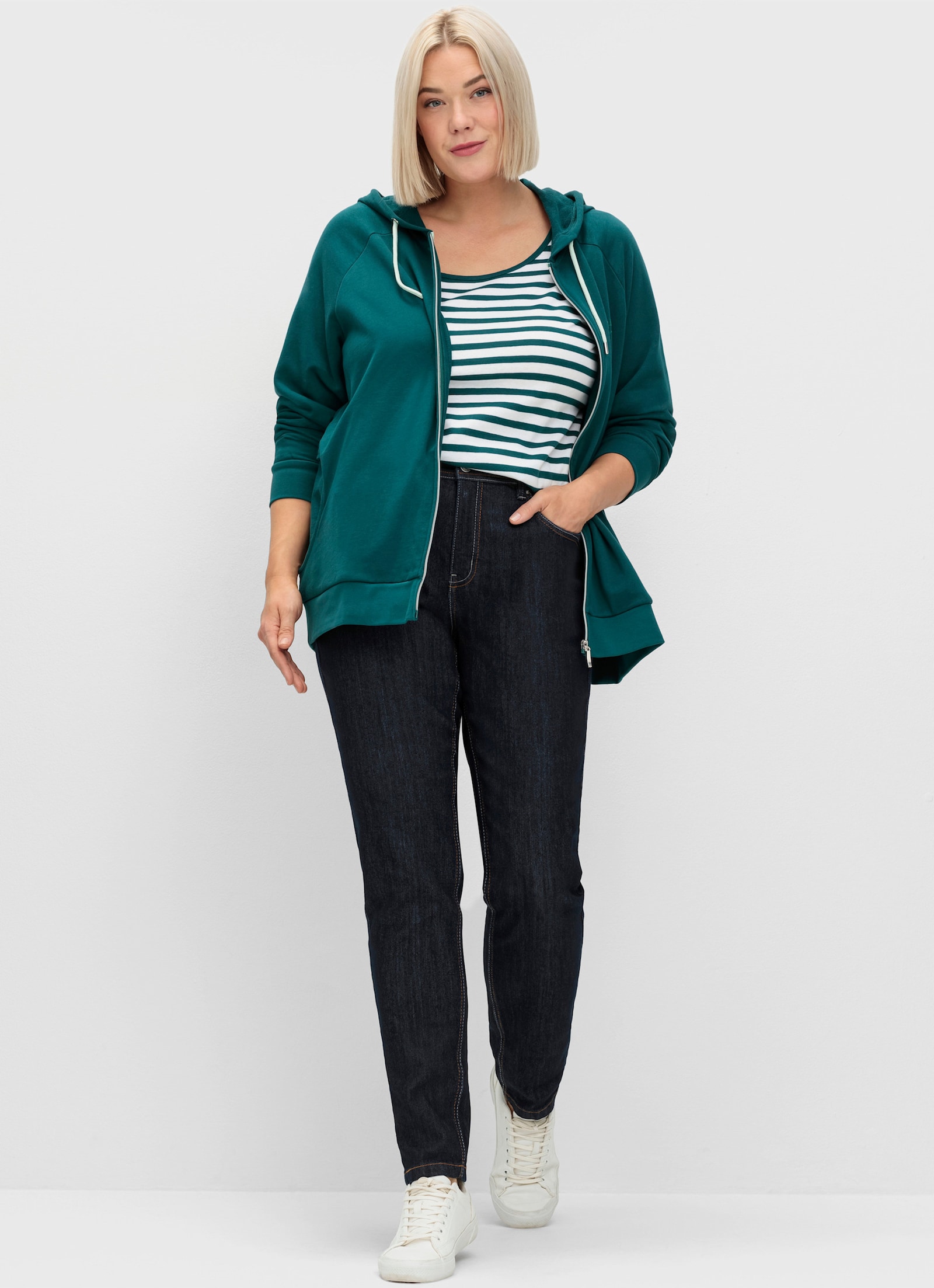 sheego Streifenshirt mit Rundhalsausschnitt - petrol-weiss