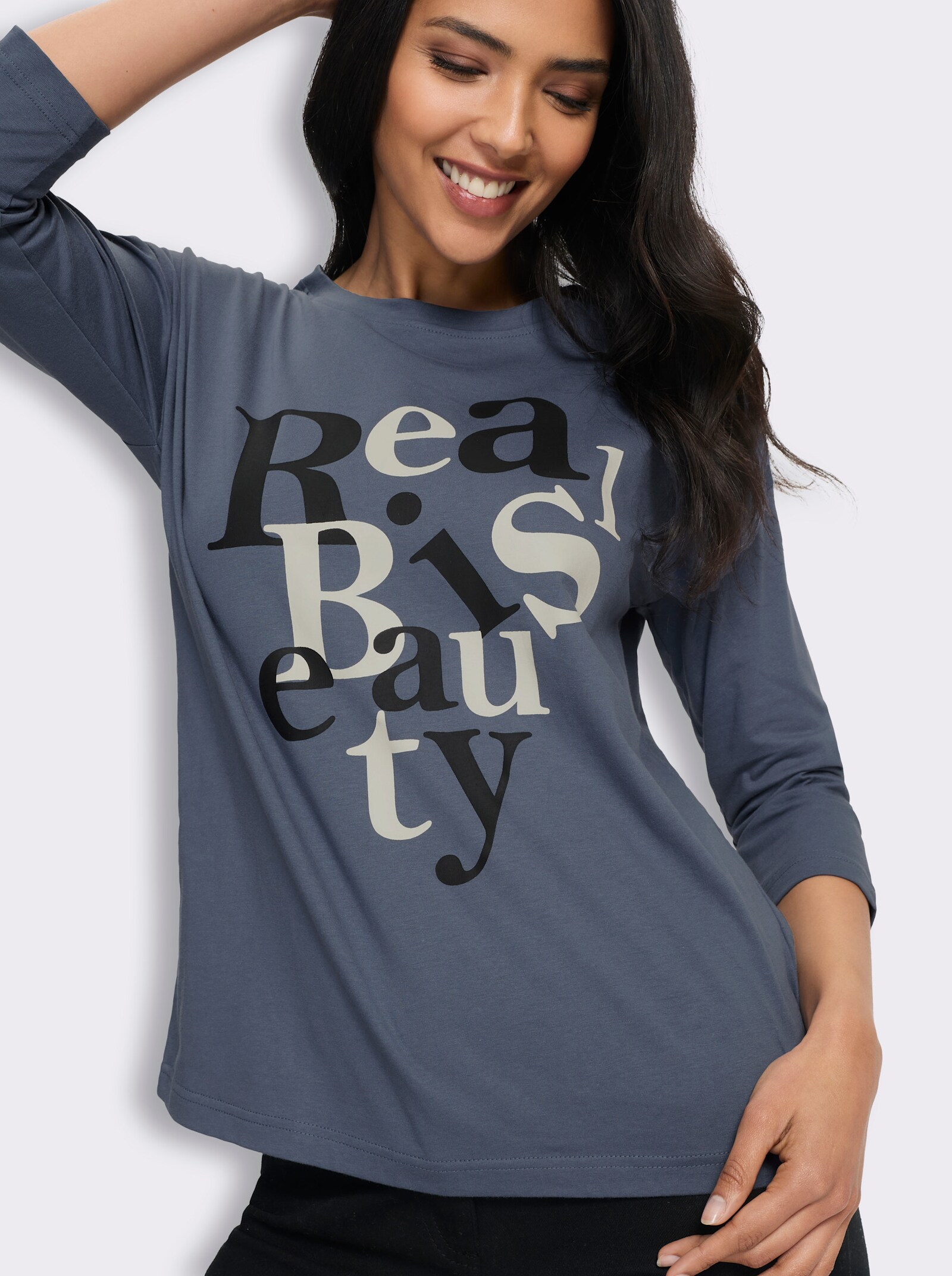 3/4-Arm-Shirt mit Schriftzug im Vorderteil - rauchblau-schwarz