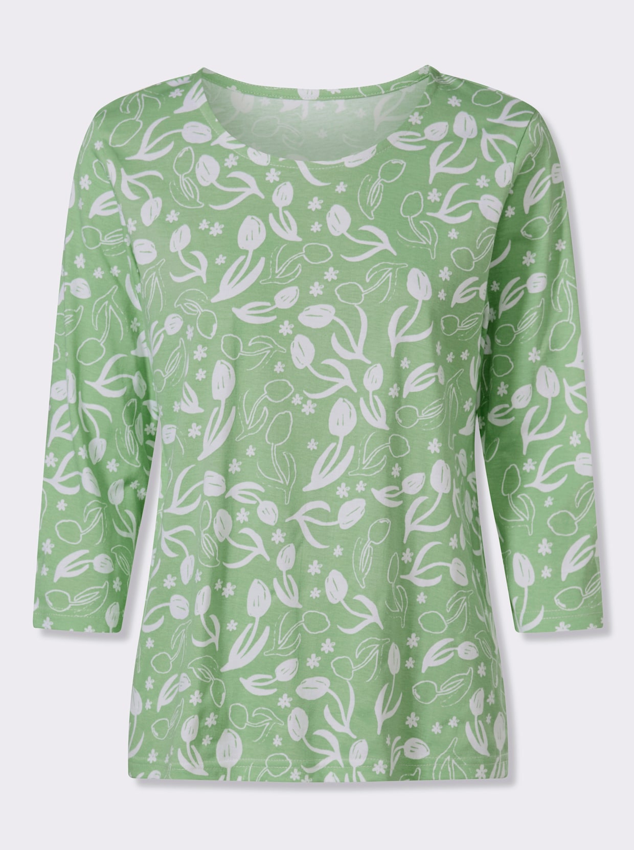 Shirt met 3/4-mouwen met bloemenprint, katoen - reseda/wit bedrukt