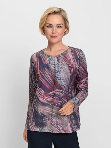 Langarmshirt mit Falten am Ausschnitt - bordeaux-taupe-bedruckt