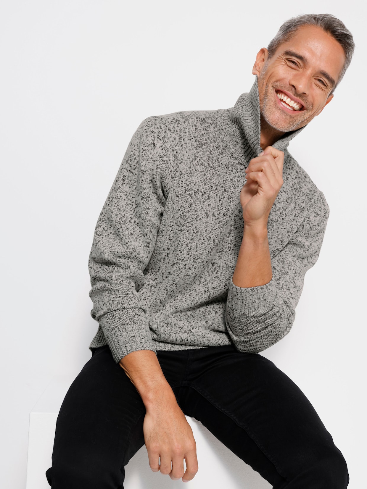 Svetr s rolákovým límcem melanžového vzhledu - světlešedá-melír