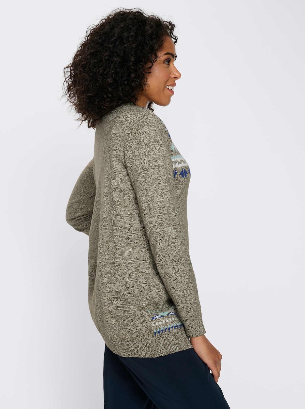 Longstrickjacke im Norweger-Muster - oliv-royalblau-gemustert