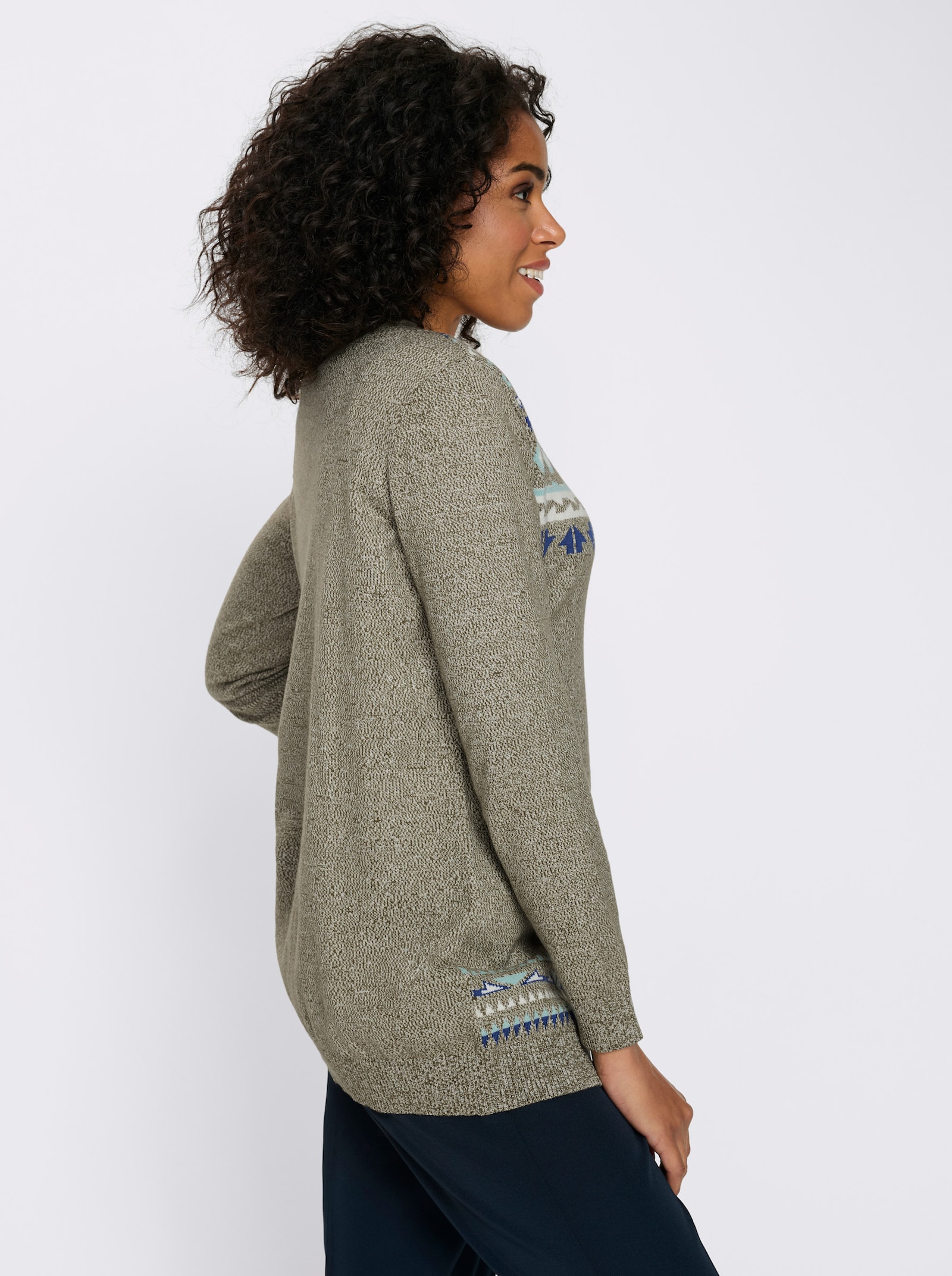 Longstrickjacke im Norweger-Muster - oliv-royalblau-gemustert