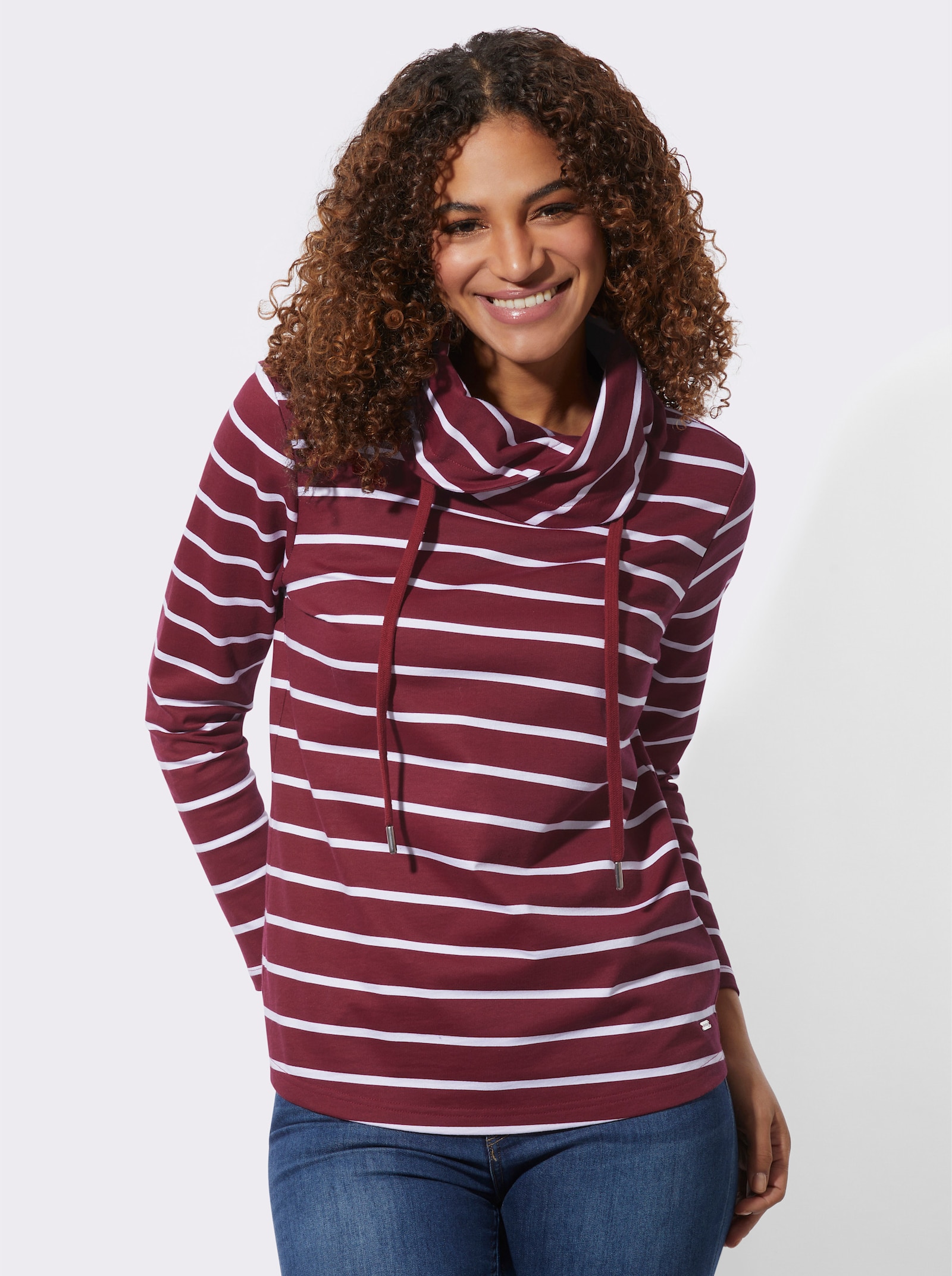 Sweatshirt mit überlappendem Rollkragen - dunkelrot-weiß-geringelt