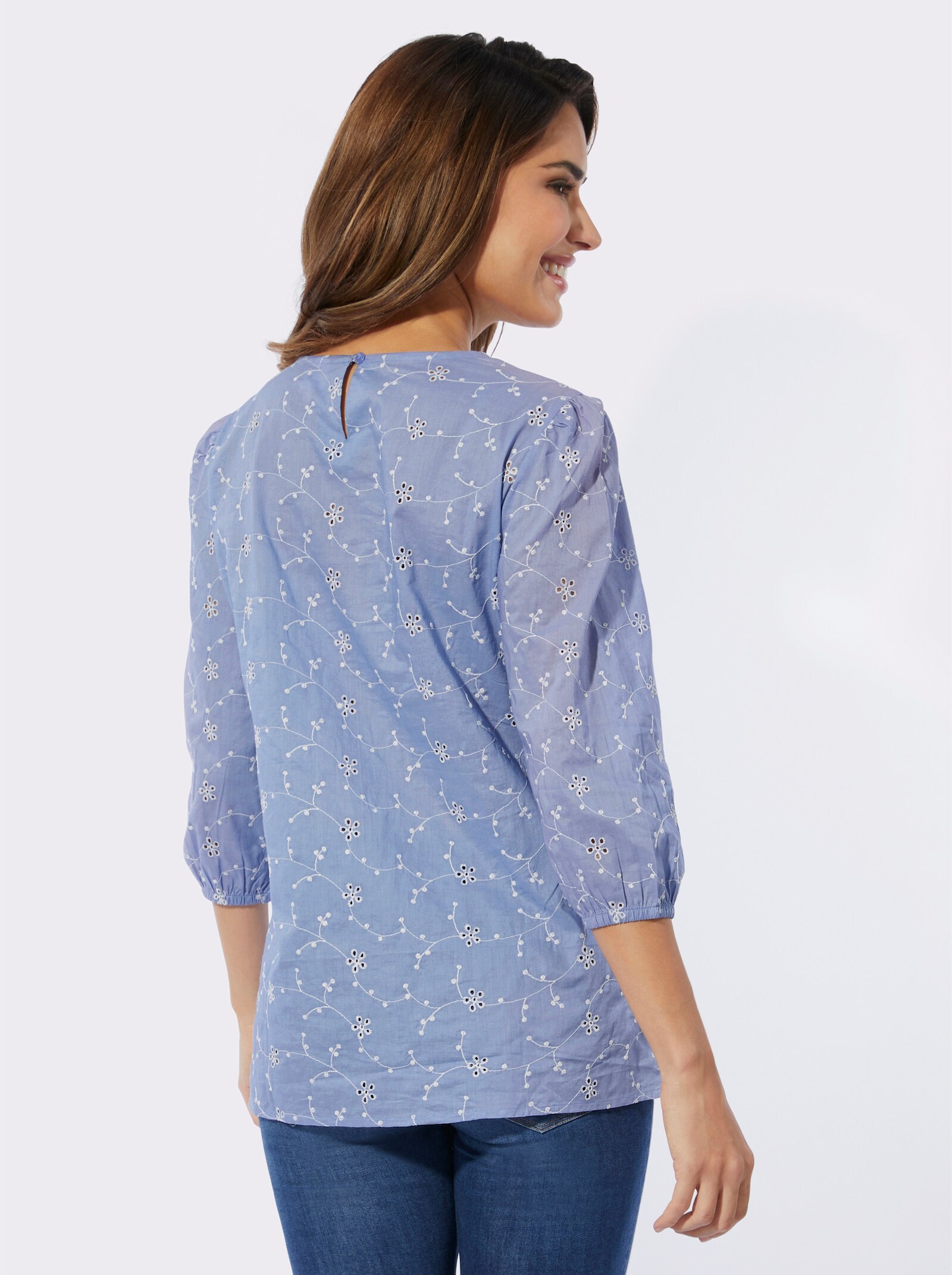 Schlupfbluse mit Spitze und Lochstickerei - bleu