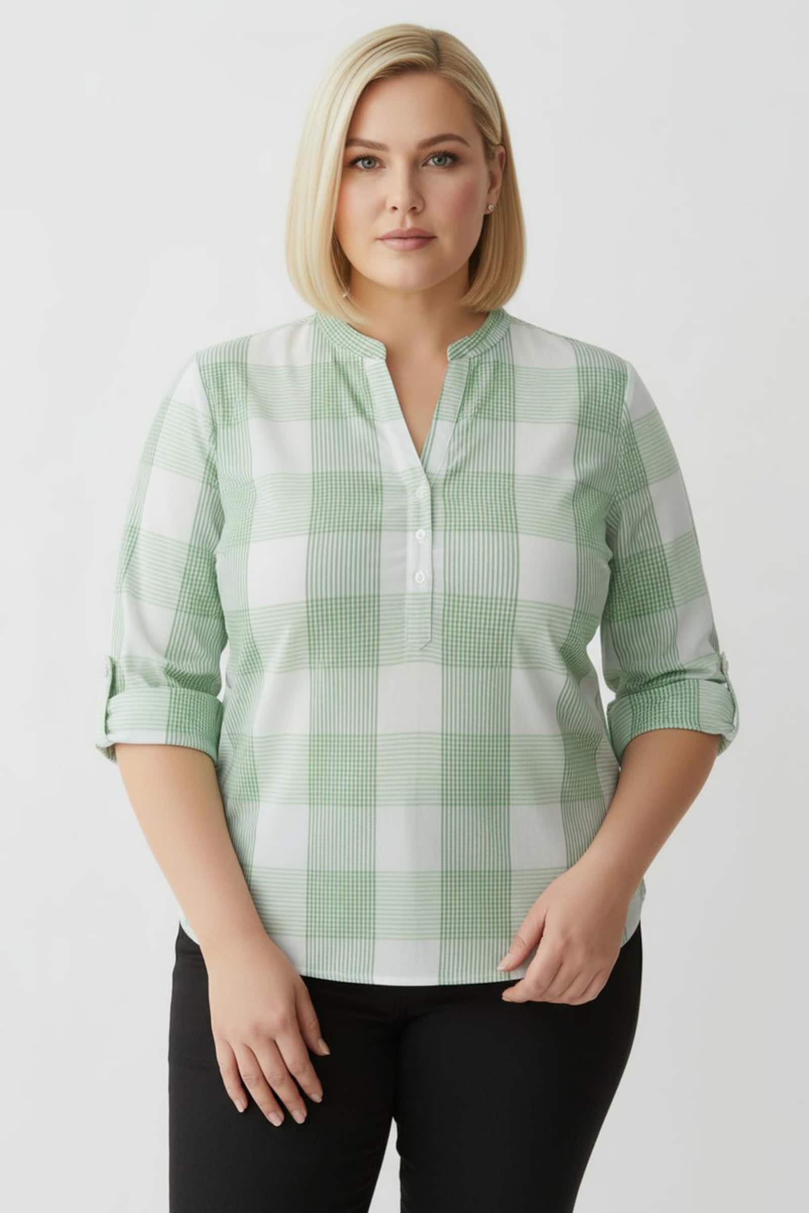 Baumwollbluse mit Stehkragen, kariert - grün-weiß-kariert