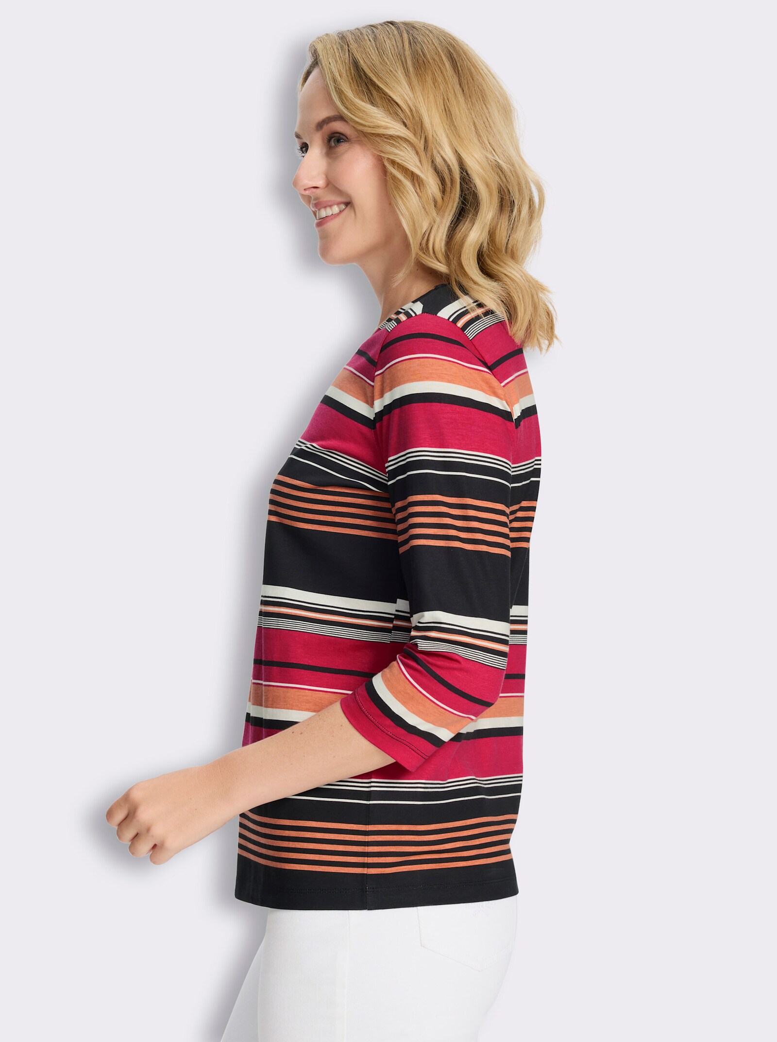 3/4-Arm-Shirt aus Baumwolle, gestreift - erdbeere-schwarz-geringelt