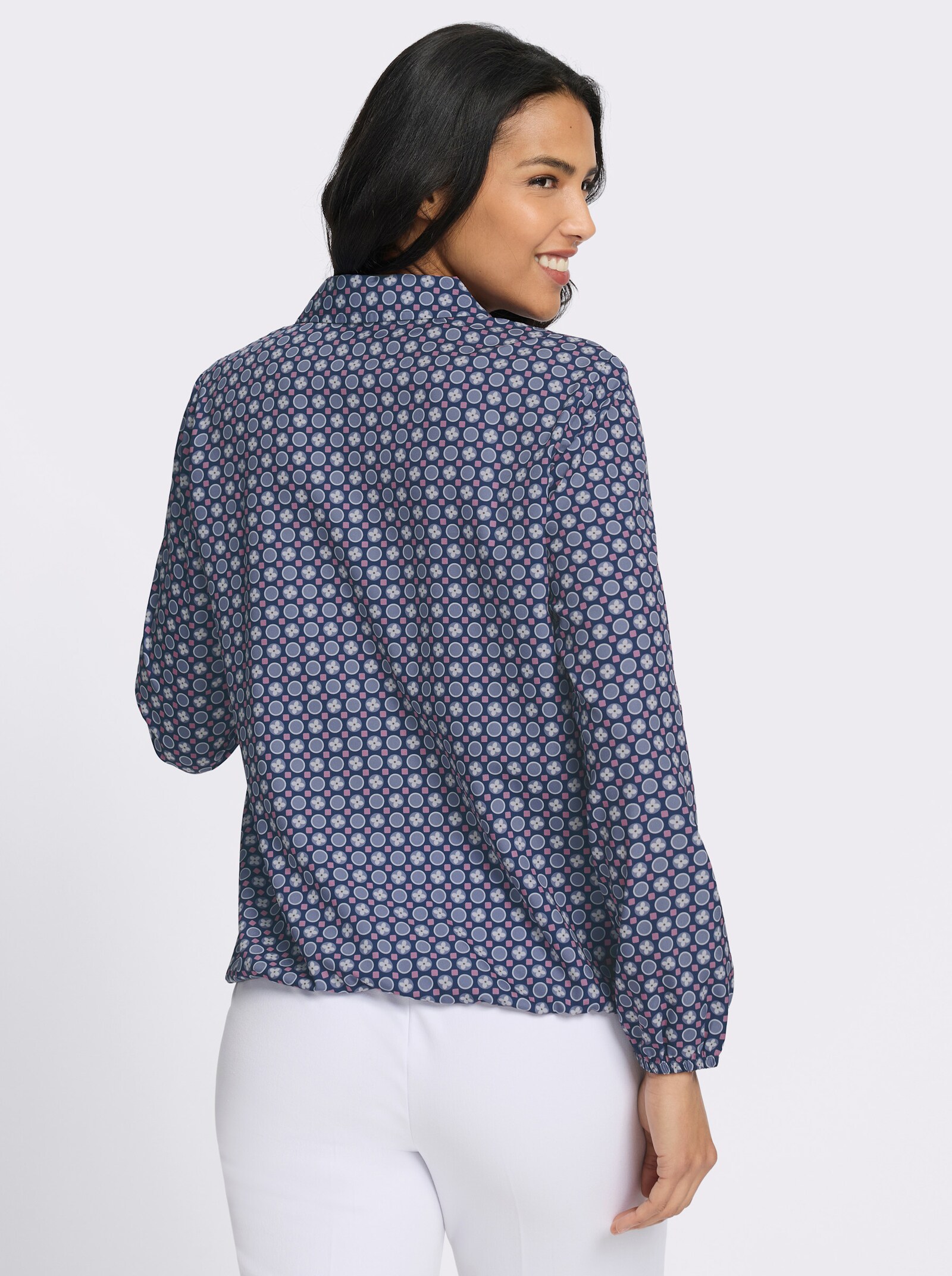 Schlupfbluse mit Gummibündchen - dunkelblau-taubenblau-bedruckt