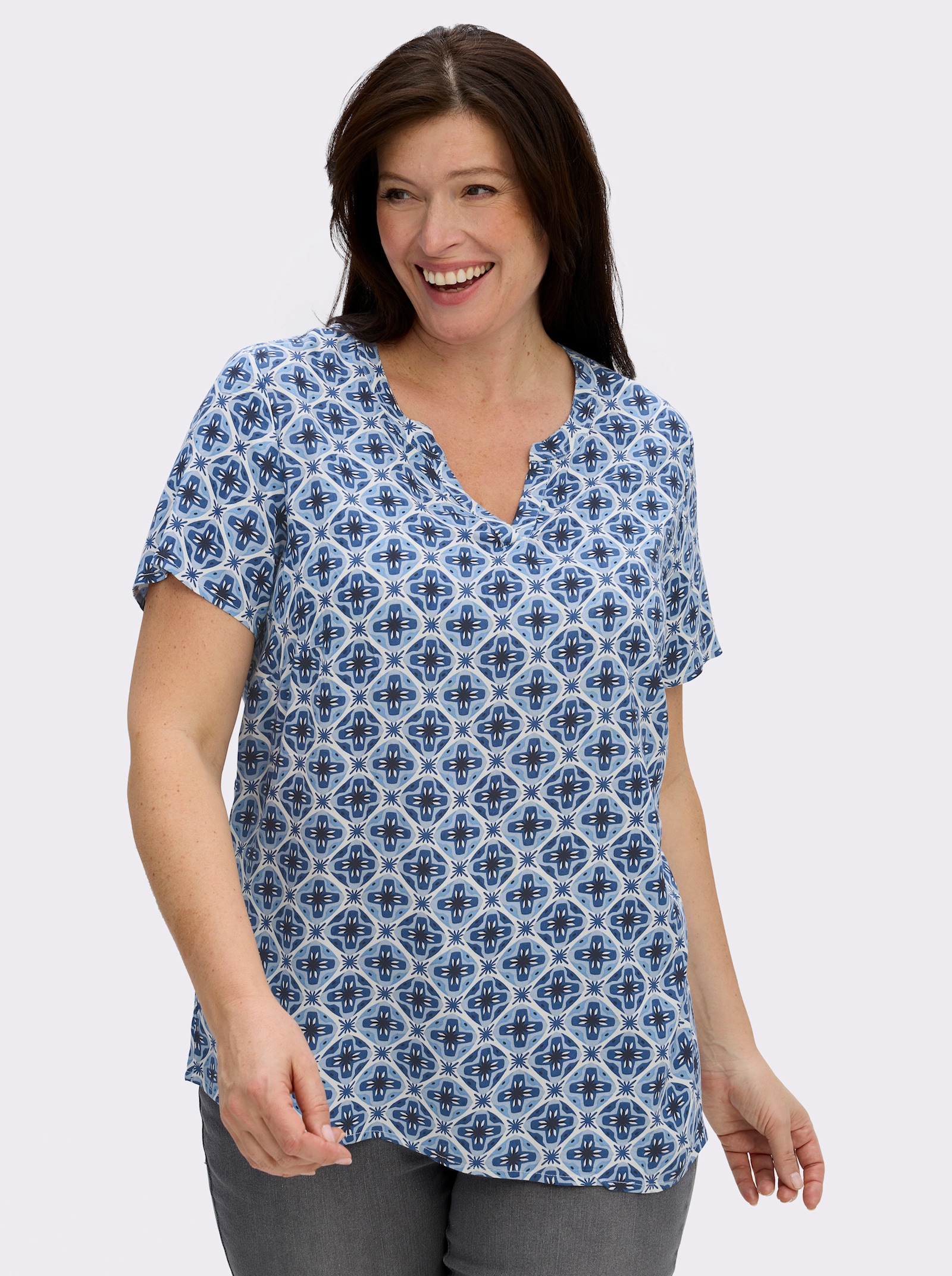 Druckbluse in Schlupfform - jeansblau-ecru-bedruckt