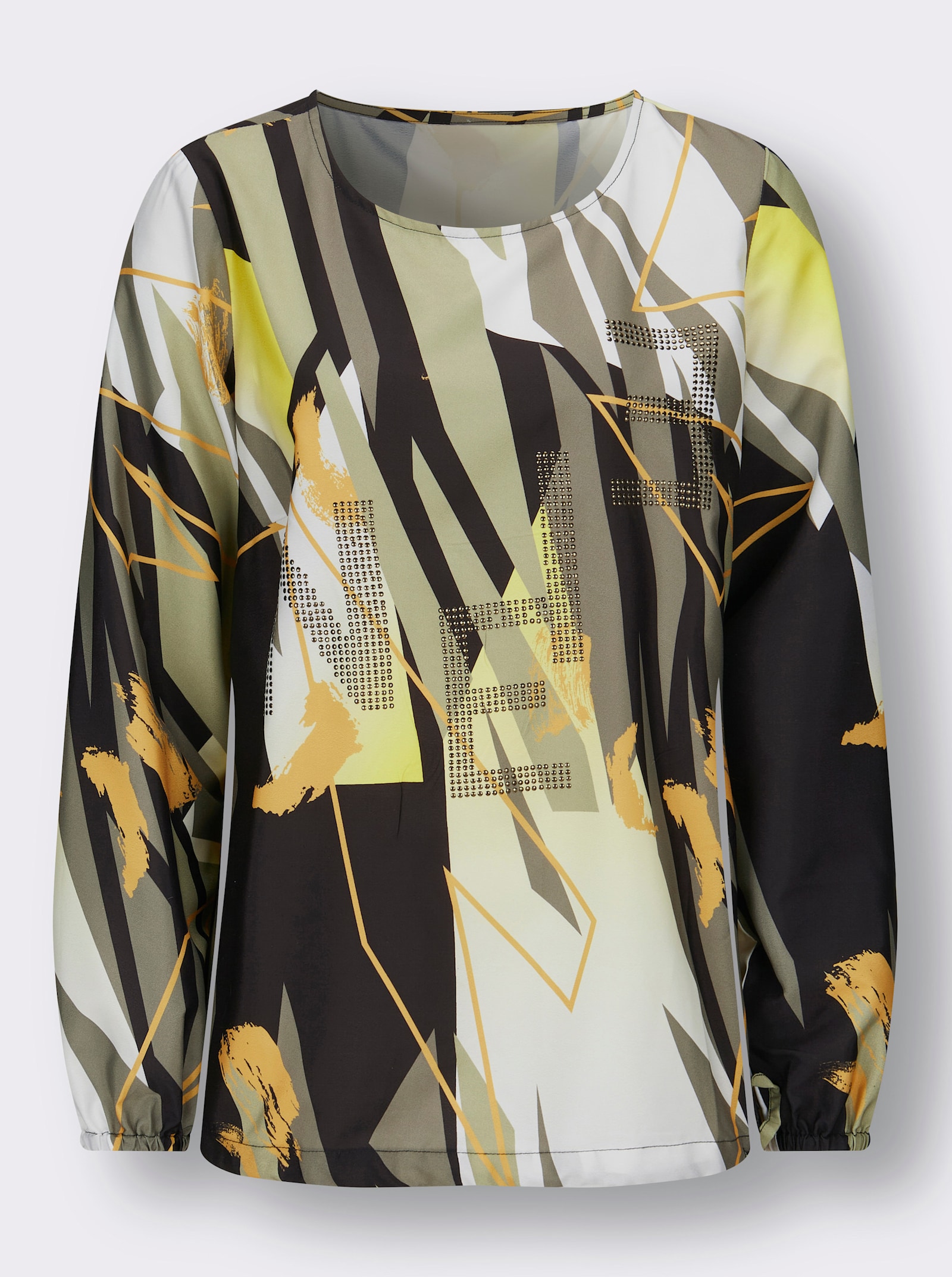 Schlupfbluse mit Glitzersteinchen - khaki-limone-bedruckt