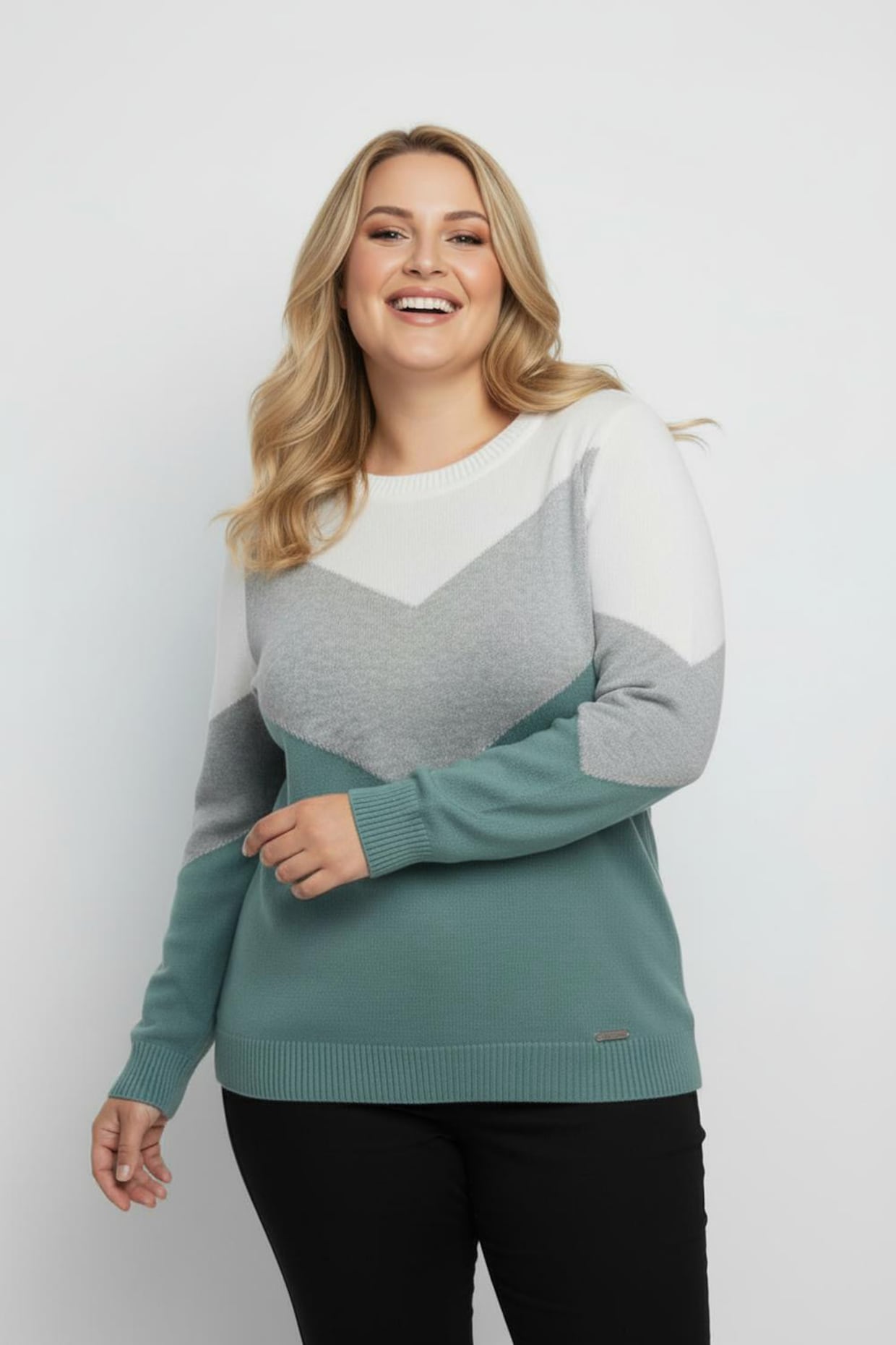 Rundhalspullover mit Colour-Blocking - jade-hellgrau-meliert