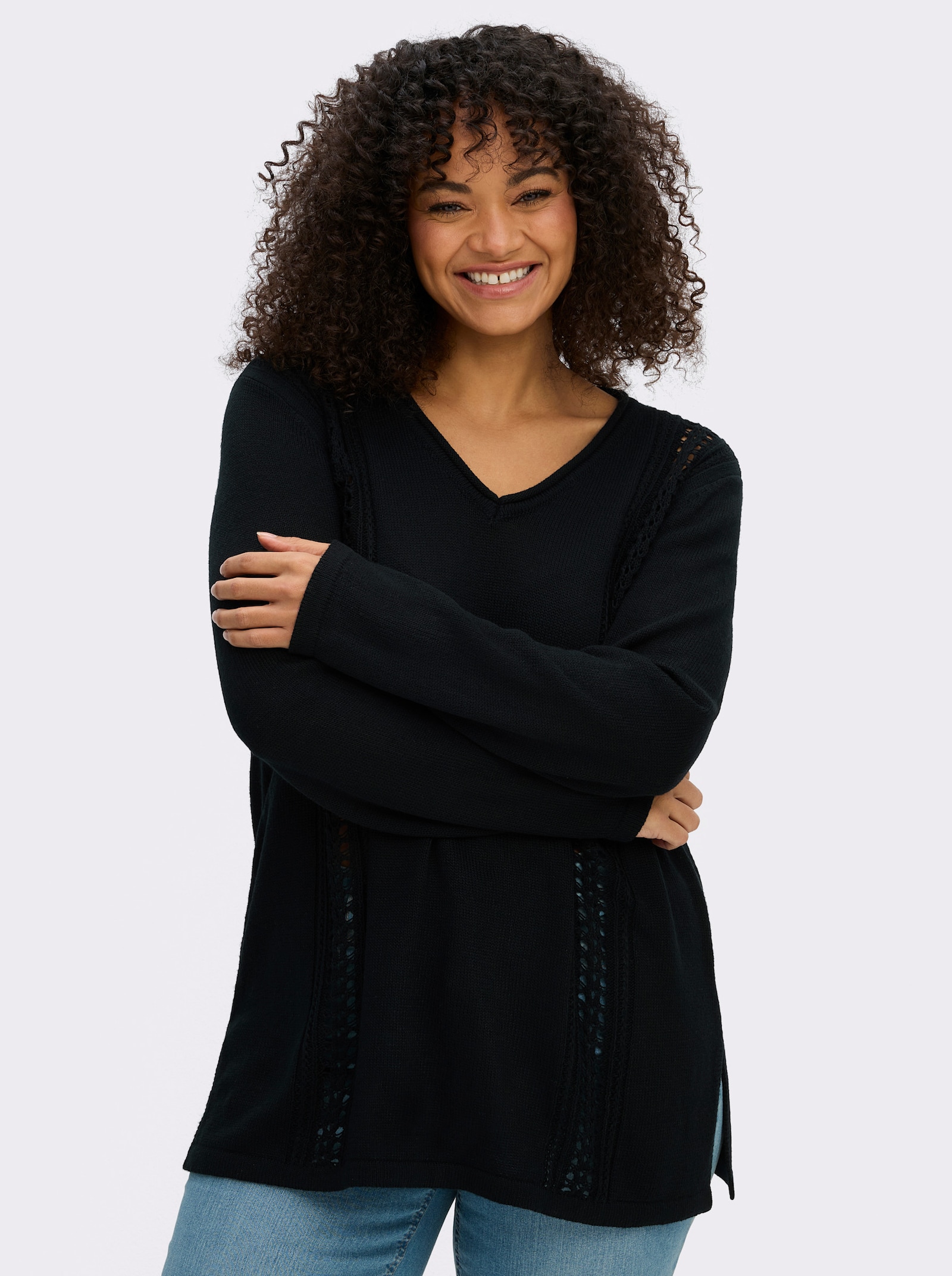 sheego Ajourpullover mit Zopfmuster-Details - schwarz