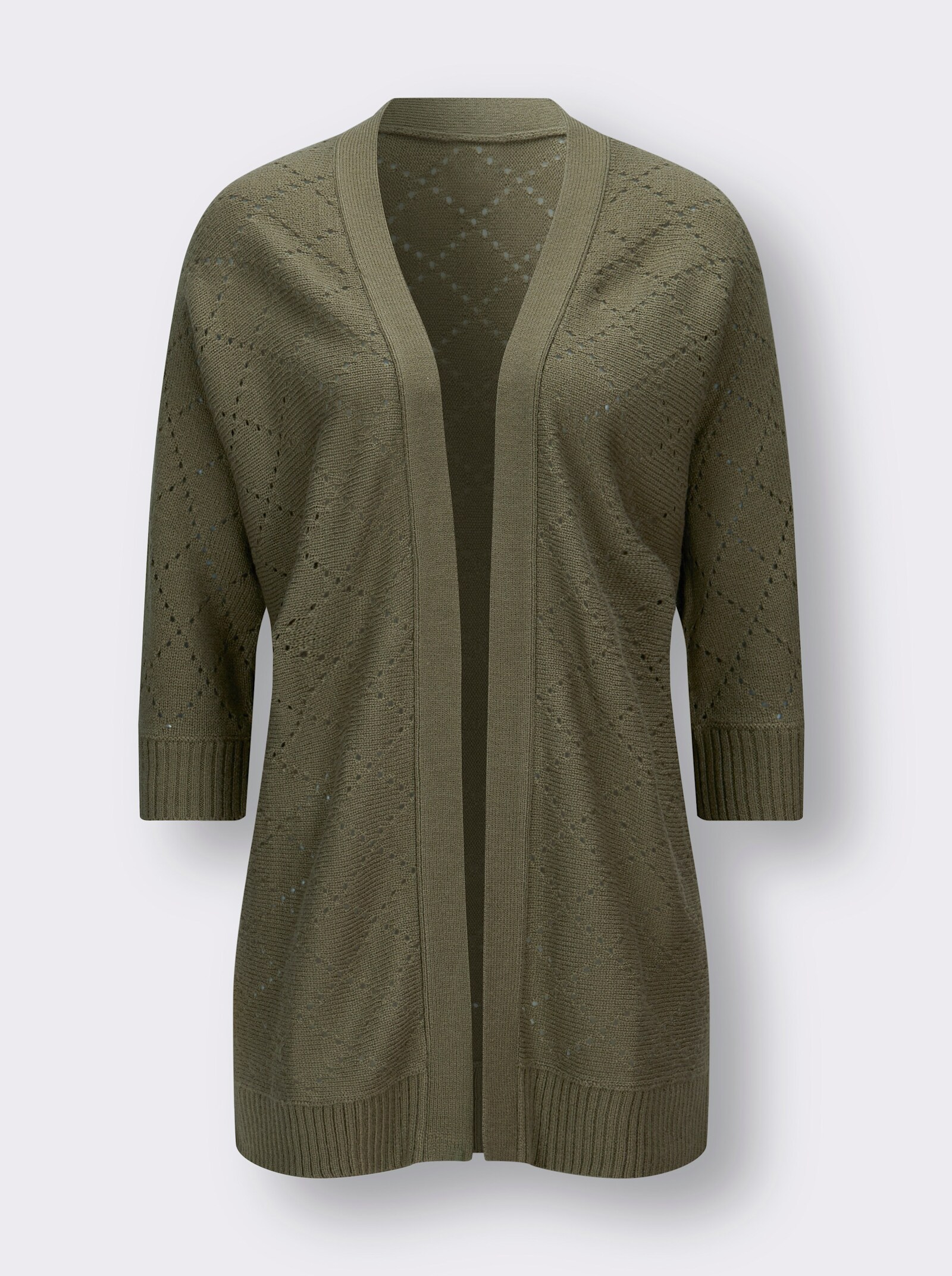 Ajourstrickjacke in offener Longform - khaki
