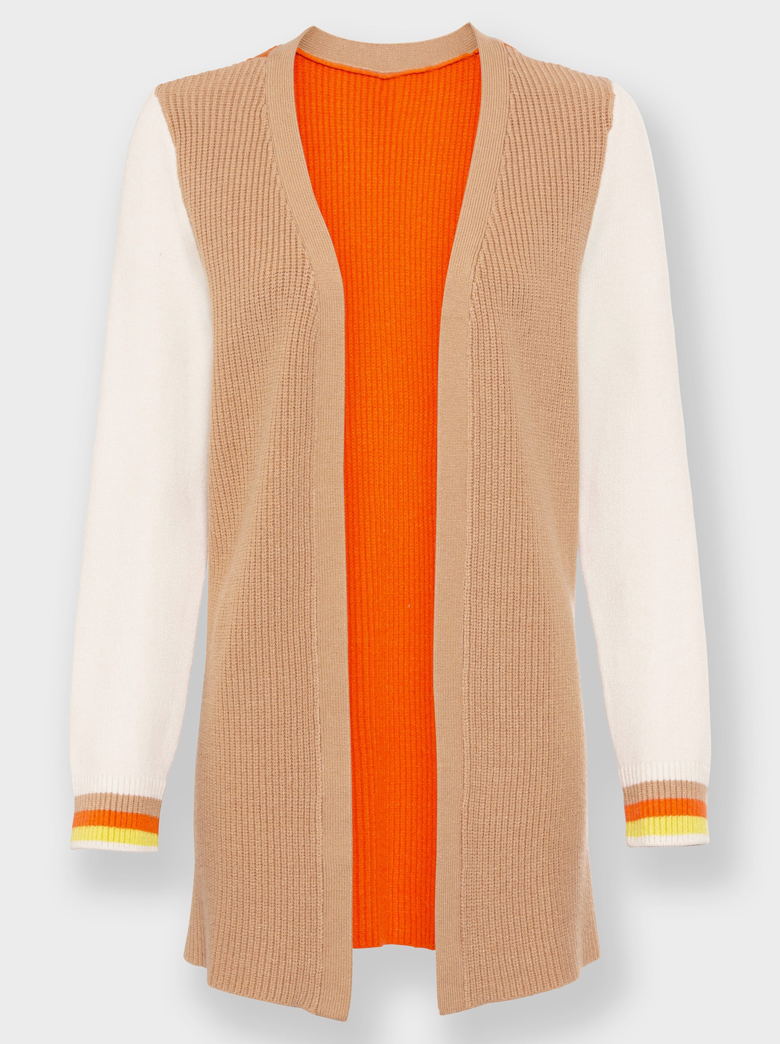 heine Fijn gebreid vest met kleurblokken - camel/oranje gedessineerd