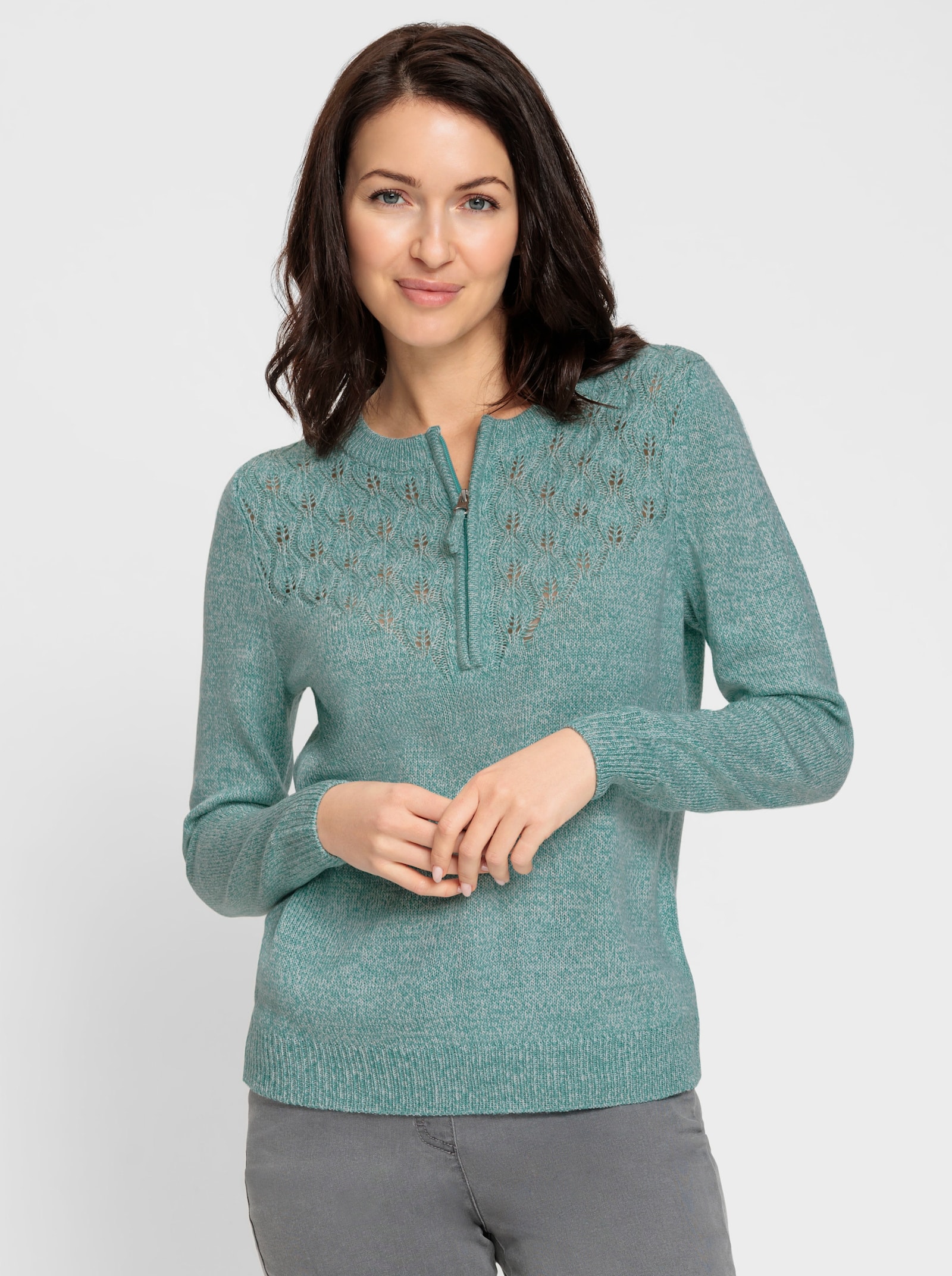 Rundhalspullover mit kurzem Reißverschluss - salbei-meliert