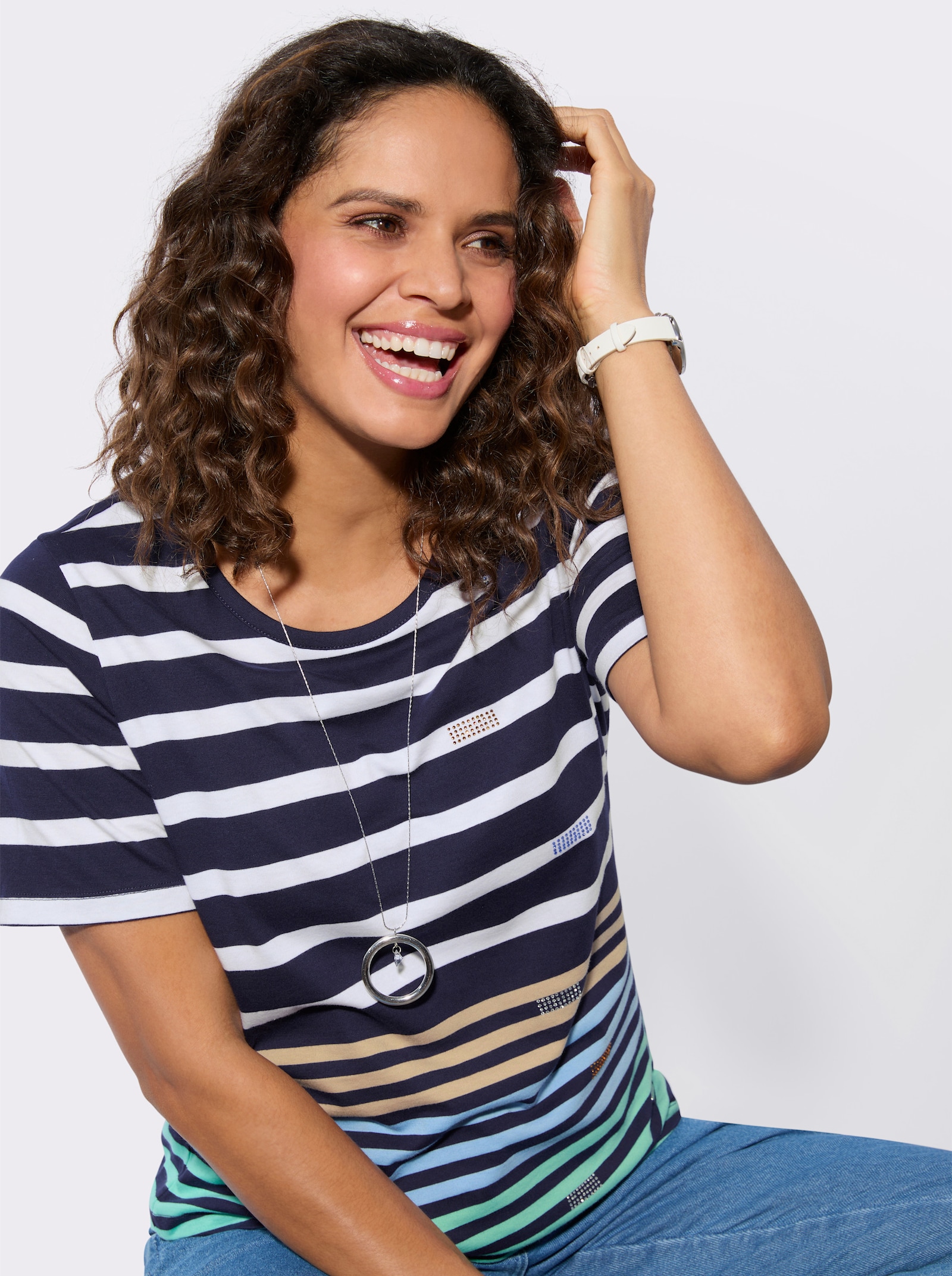 Ringelshirt mit Glitzersteinchen - marine-himmelblau-geringelt