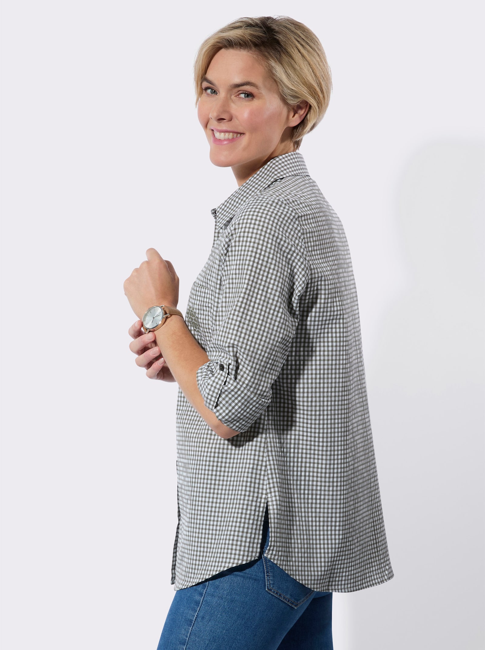 Longbluse im pflegeleichten Materialmix - khaki-weiss-kariert