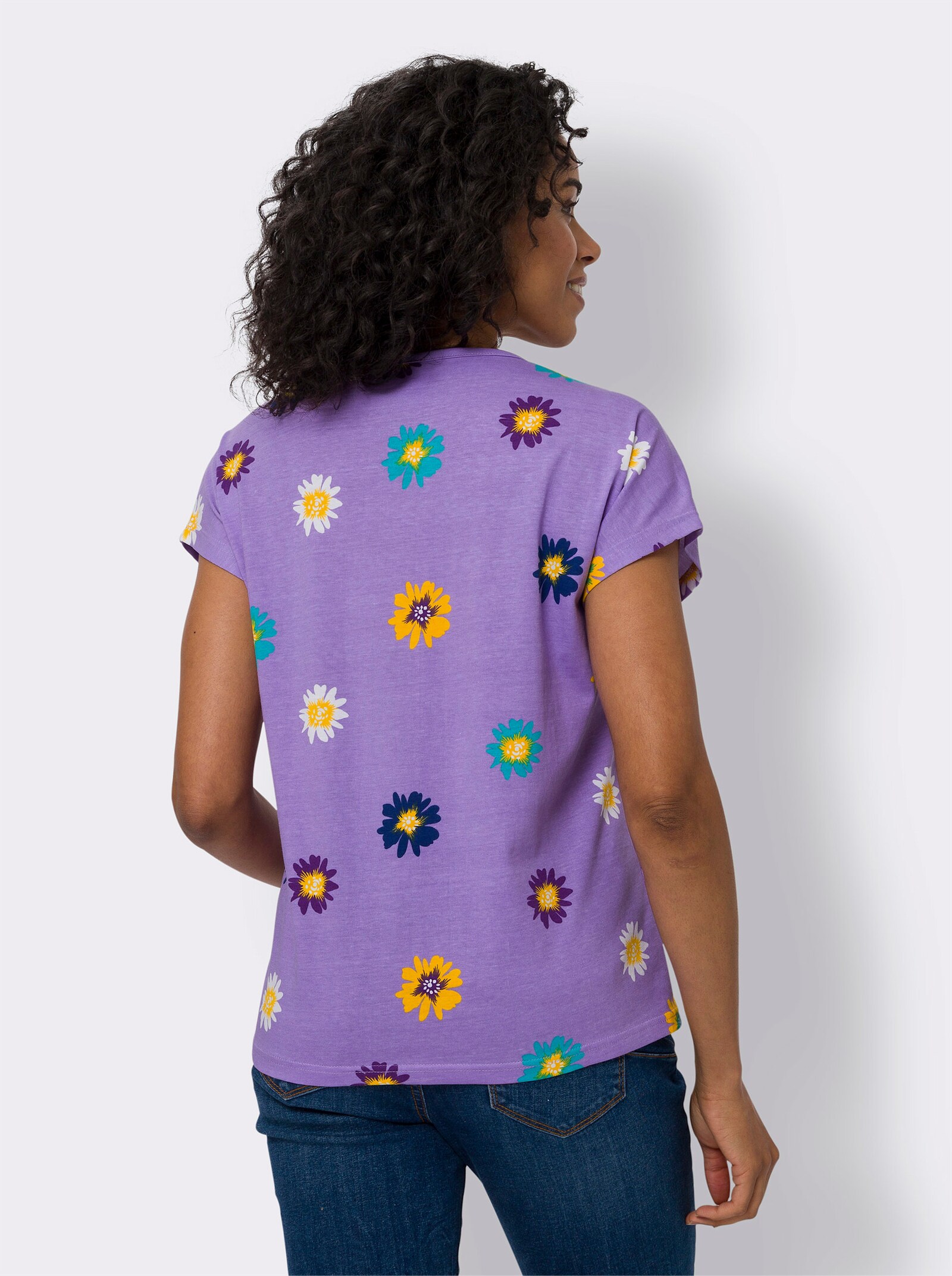 Kurzarmshirt aus Baumwolle, geblümt - lavendel-weiß-bedruckt